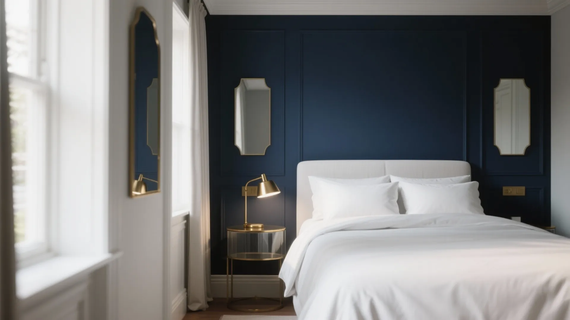 Navy blue bedroom with white bed, gold table lamp, wall panel, mirrors, and natural light