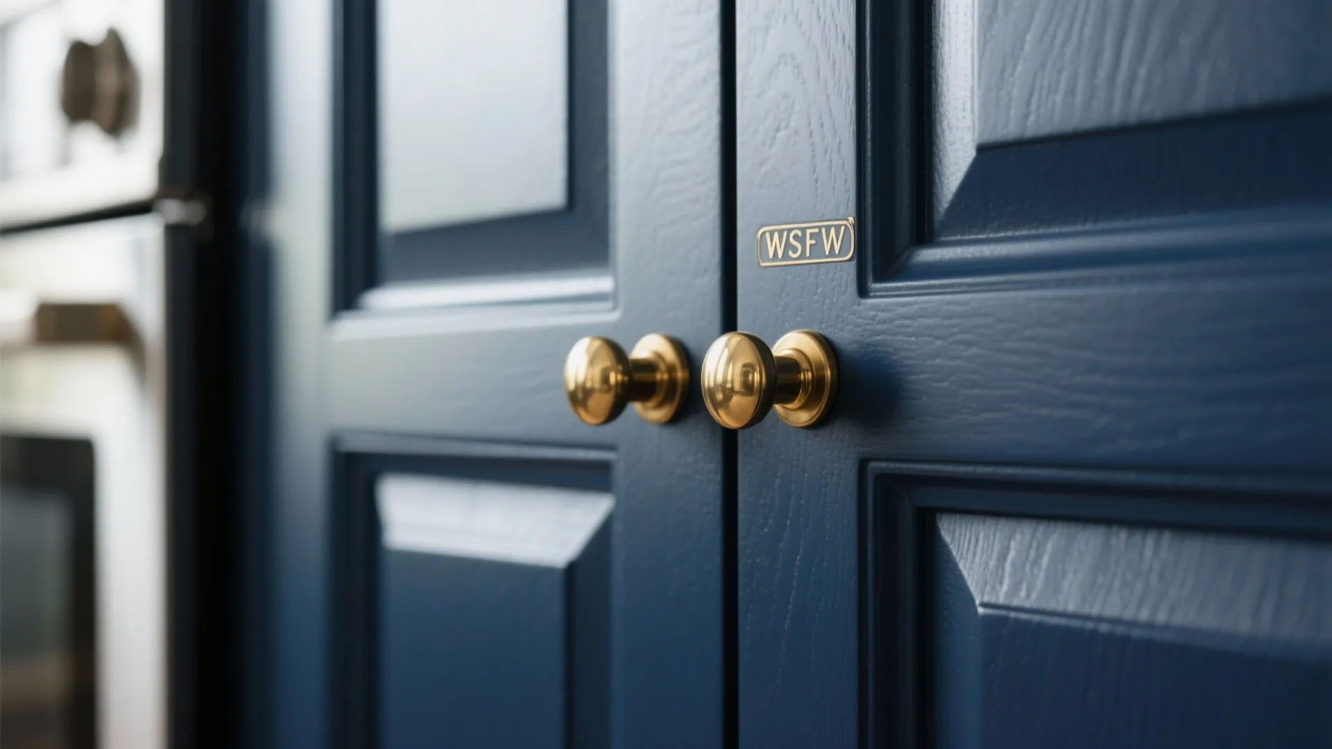 Close up of navy blue kitchen cabinet doors featuring round gold metal handles and textured finish