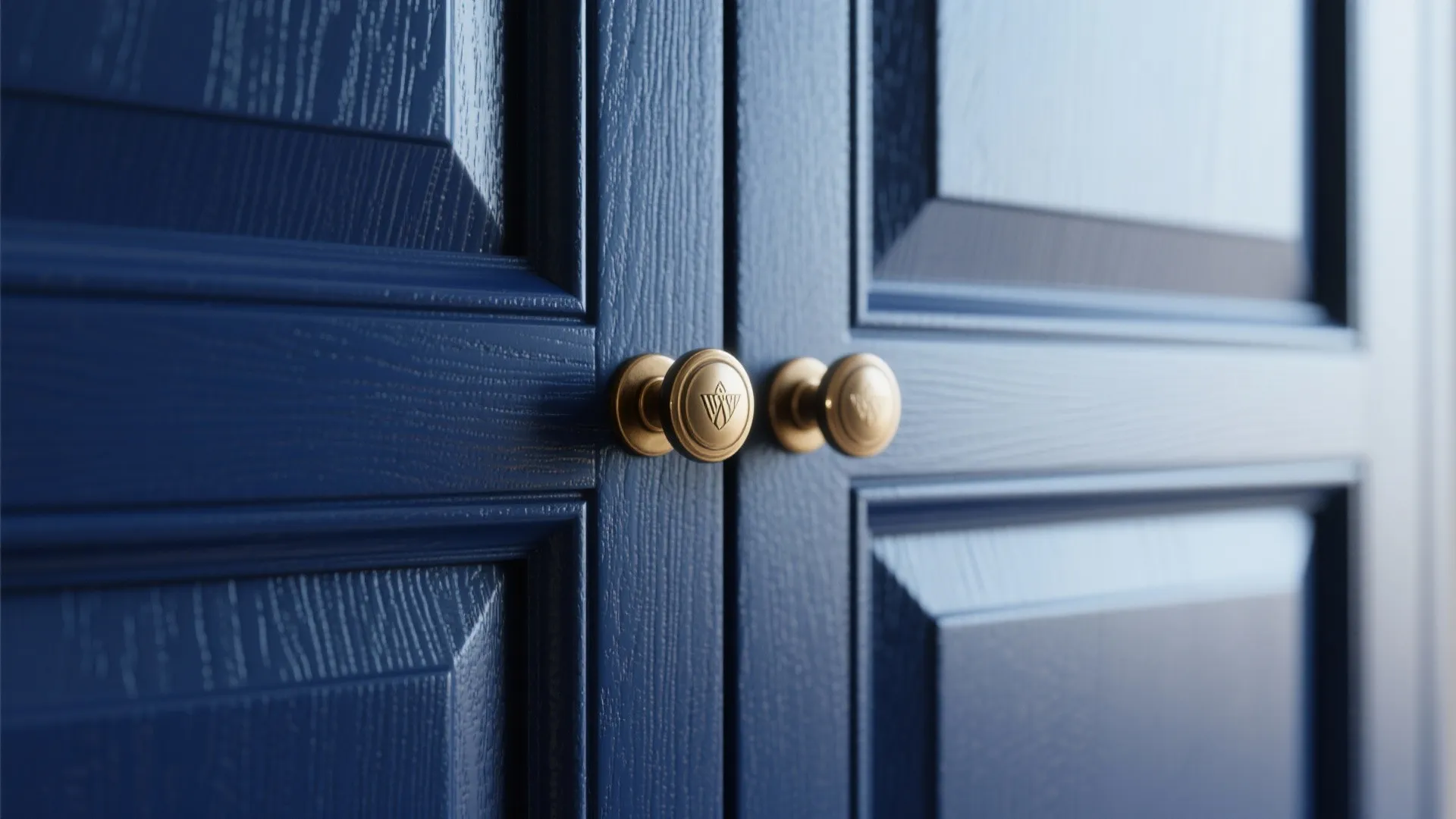 Close up of dark blue wooden cabinet doors with two round gold metal door knobs