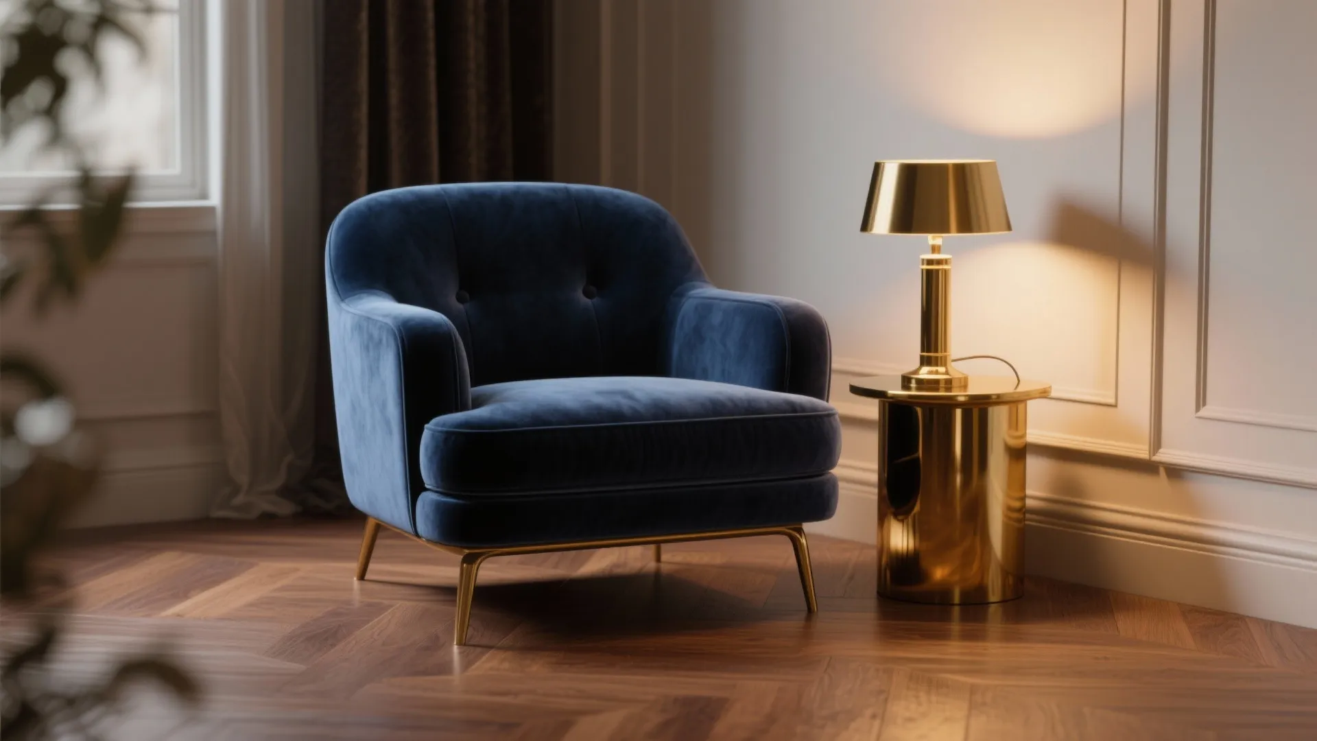 3. Brass Accents and Navy Upholstery