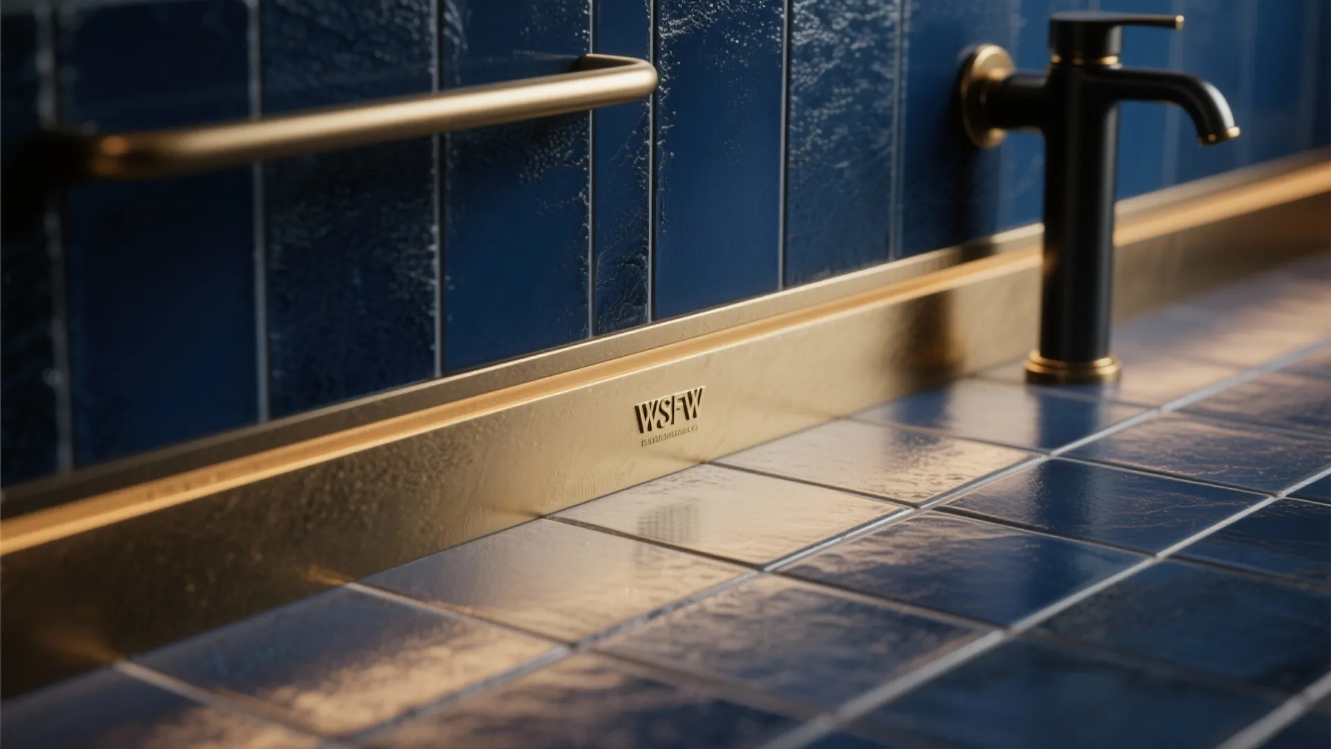 Close up of blue wall tiles with gold metal trim and a black water tap