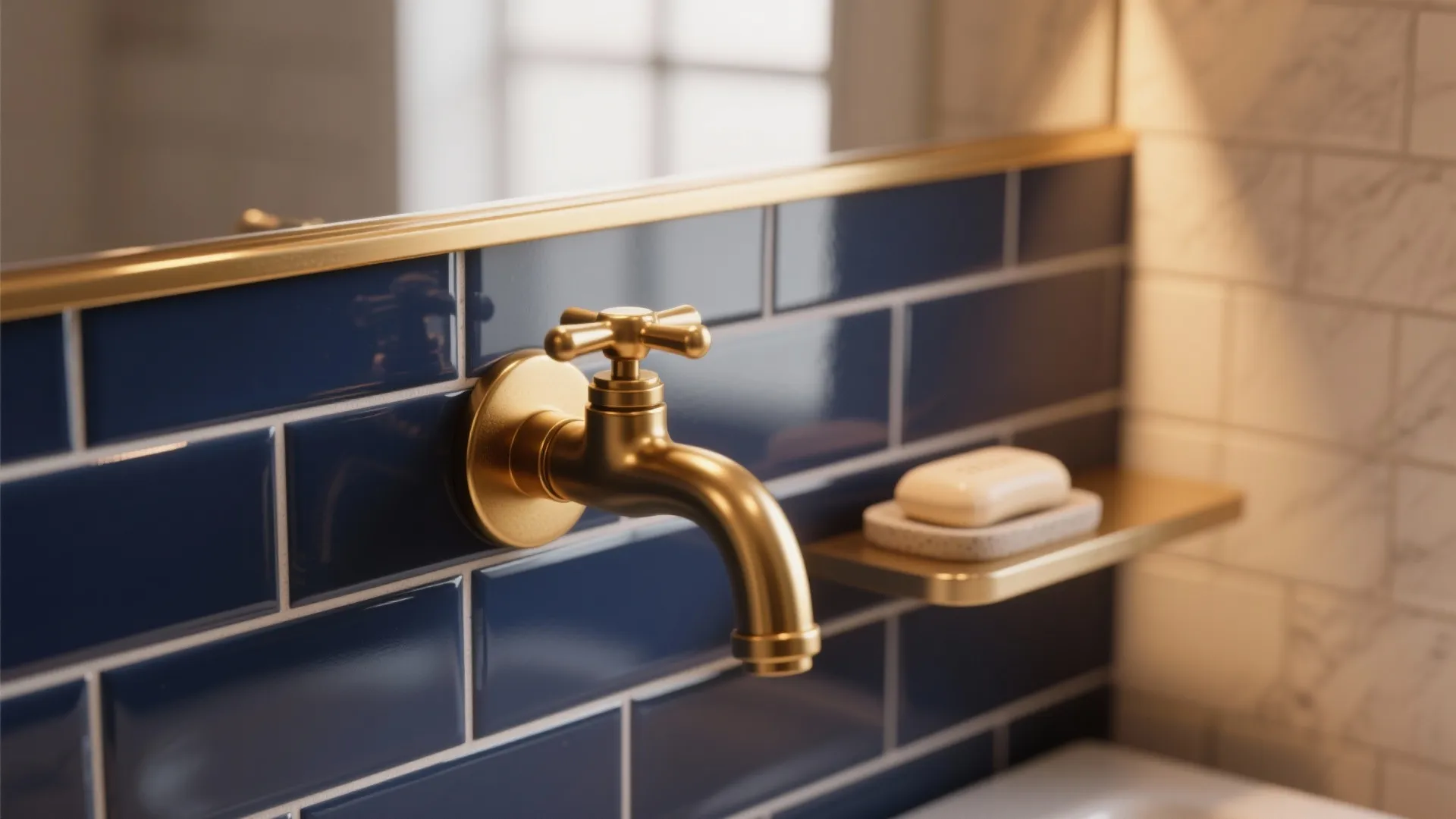 1. Navy tiles + warm brass accents