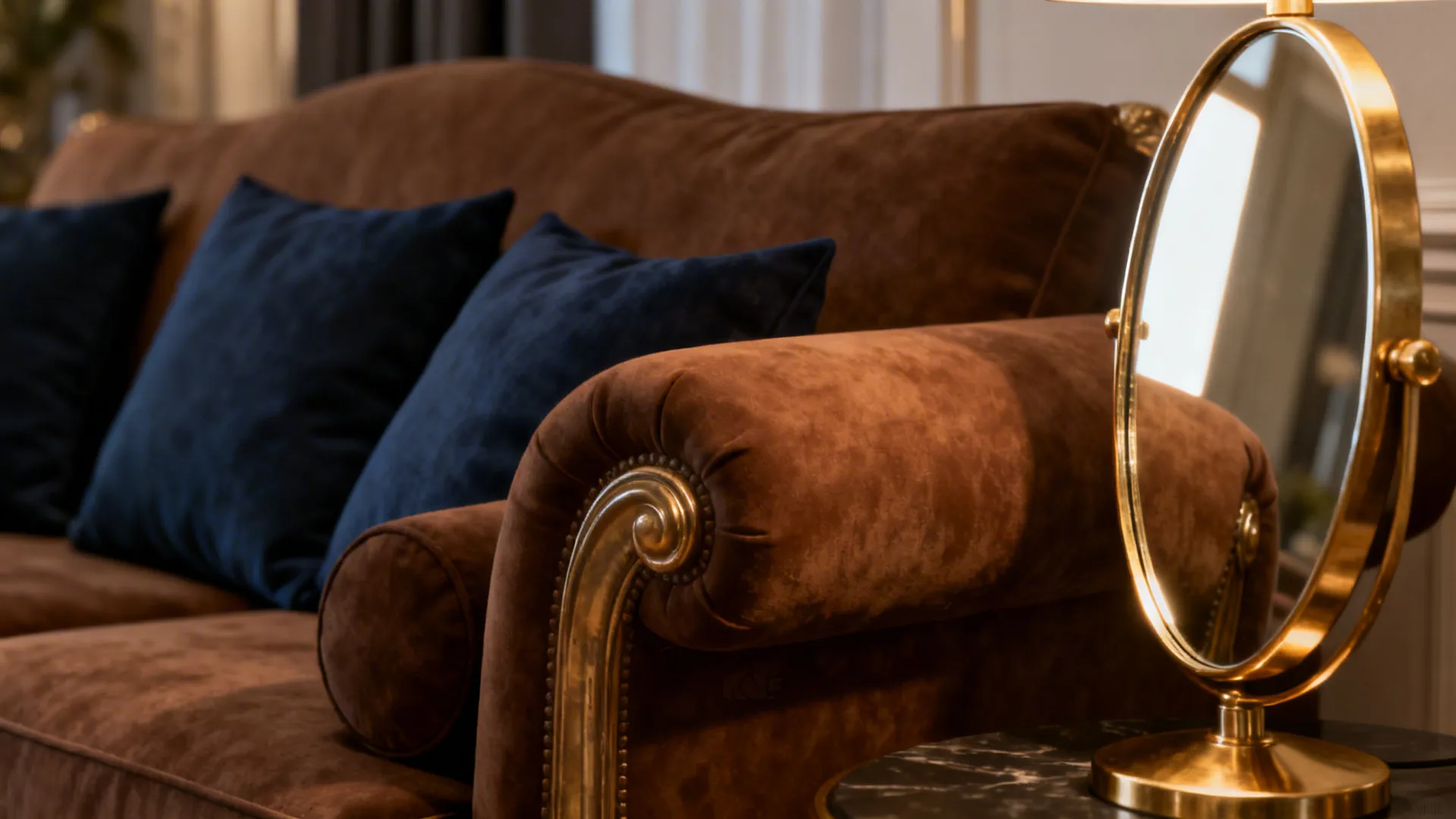 Elegant brown sofa with blue pillows next to gold mirror on a marble side table
