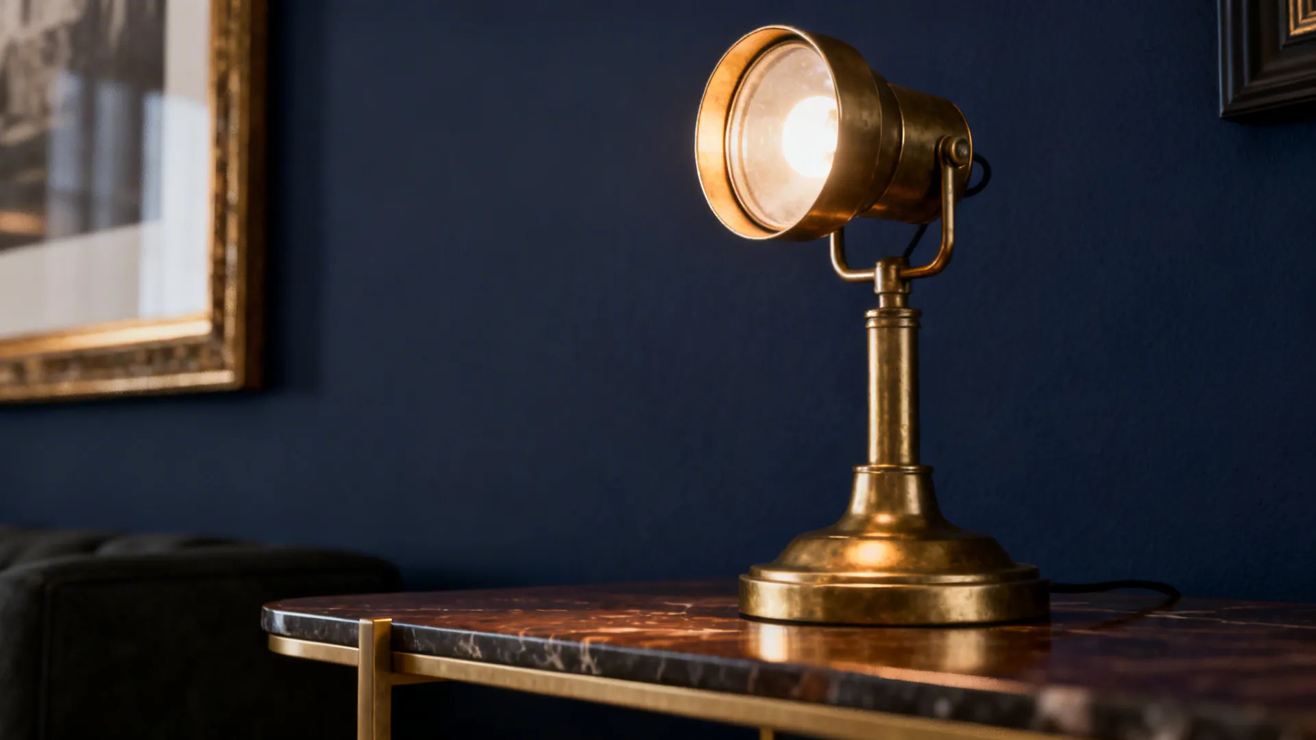 Brass fixtures and accents gleaming against a deep navy painted wall.