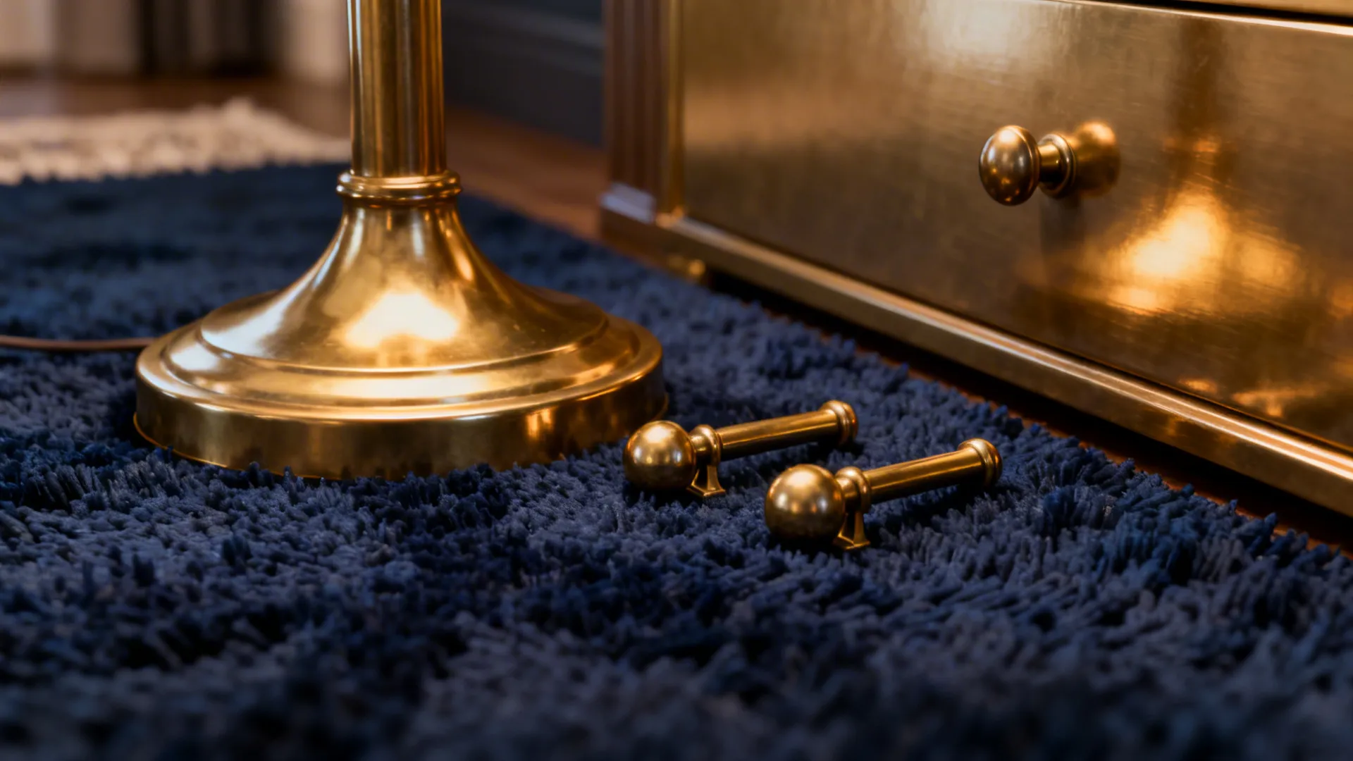 Close up of gold cabinet handles and floor lamp base on a dark blue rug