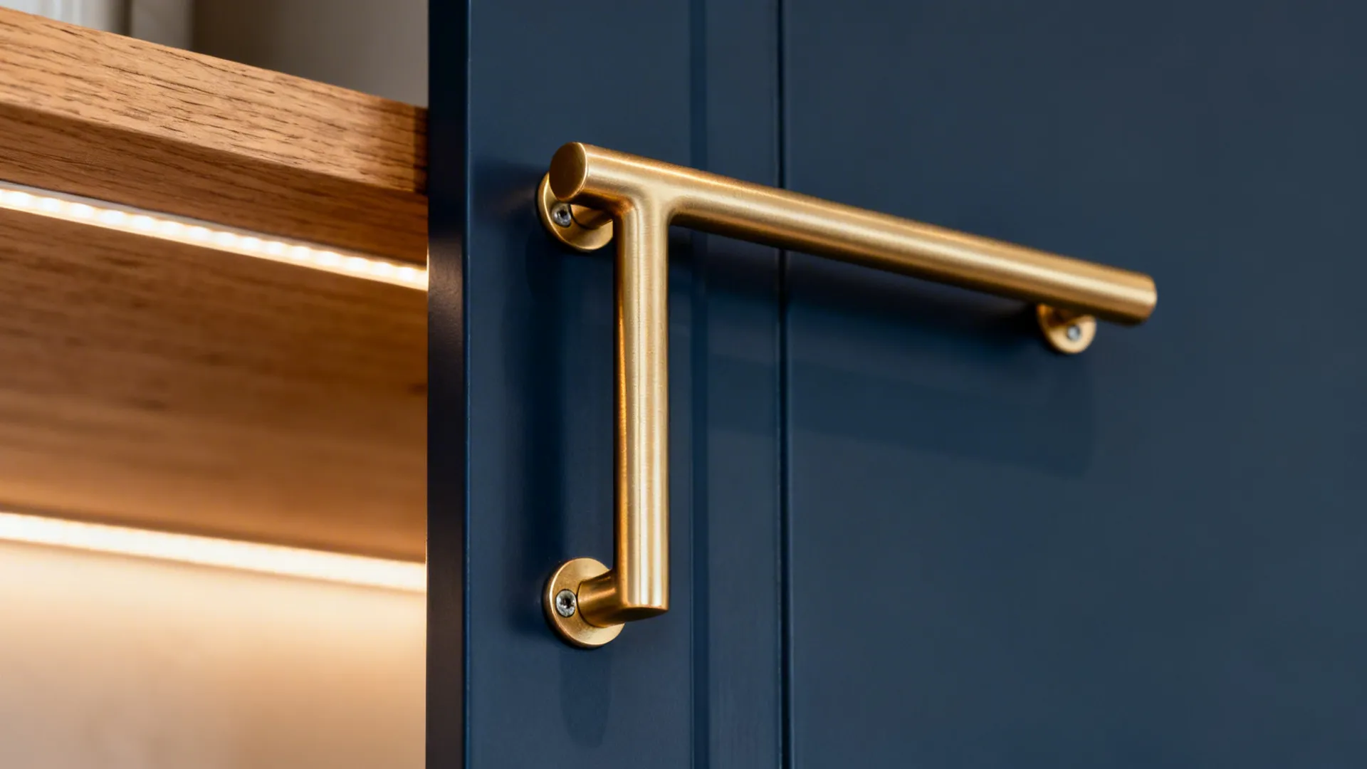 Close-up of a brushed brass T-bar handle on a matte navy cabinet door under warm light.