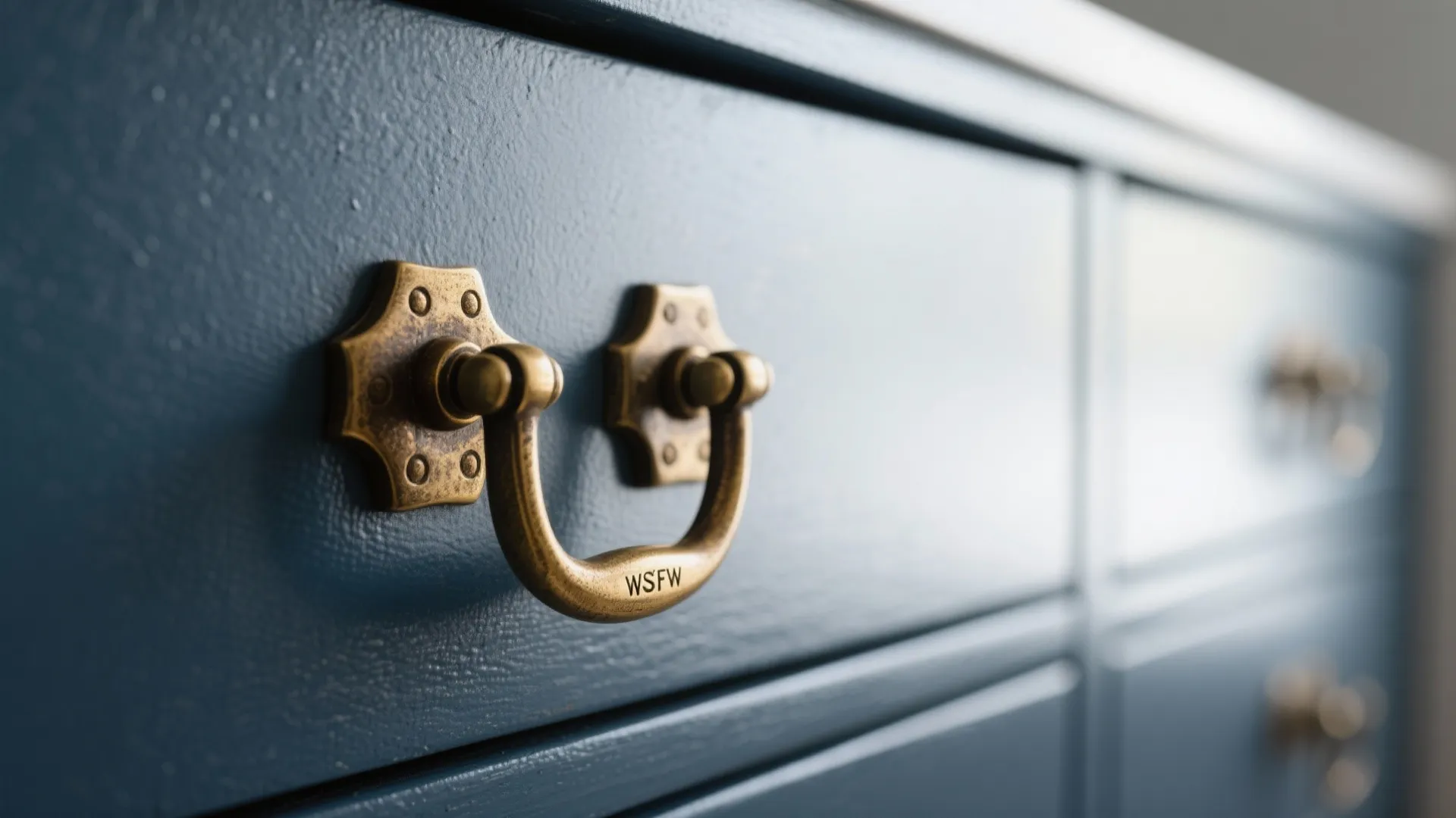 Aged brass hardware detail on a matte navy vanity drawer