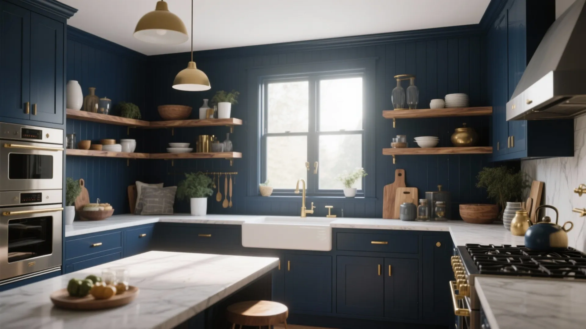 Navy blue kitchen with gold ceiling light wooden shelves marble countertop white sink and window
