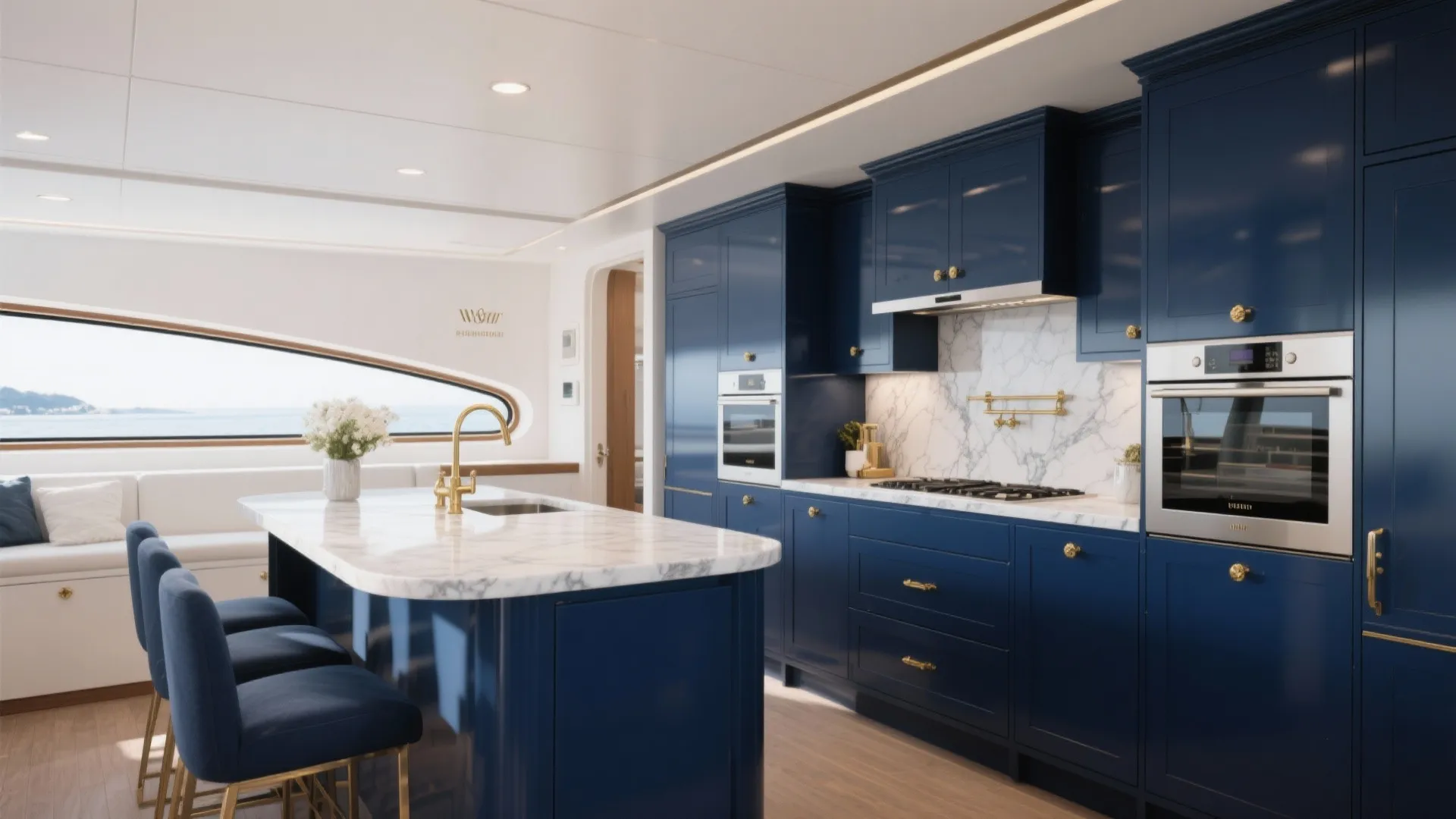 Navy blue kitchen with marble island gold faucet built in oven blue stools and window
