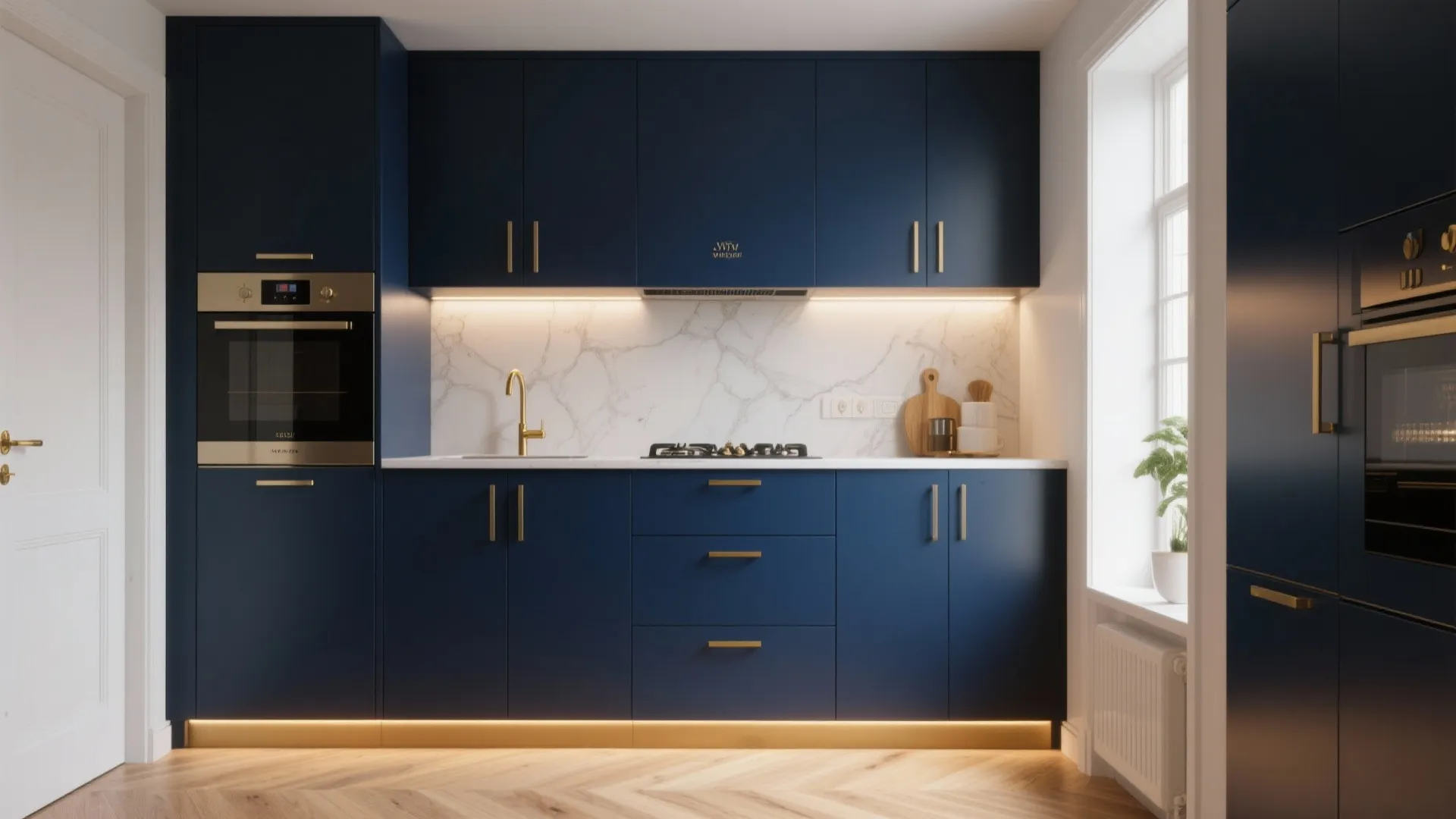 3. Navy Blue and Brass Details