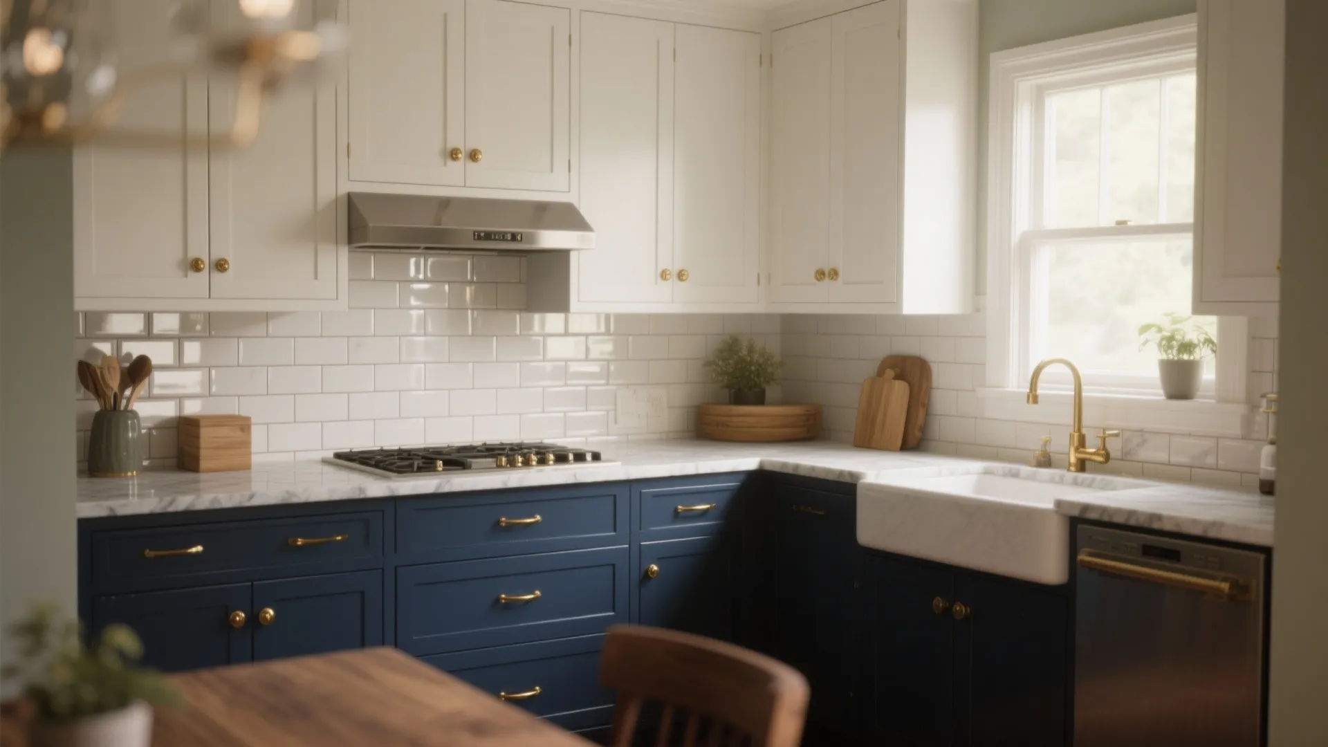 Modern kitchen featuring navy blue lower cabinets white upper cabinets gold handles and white tiles