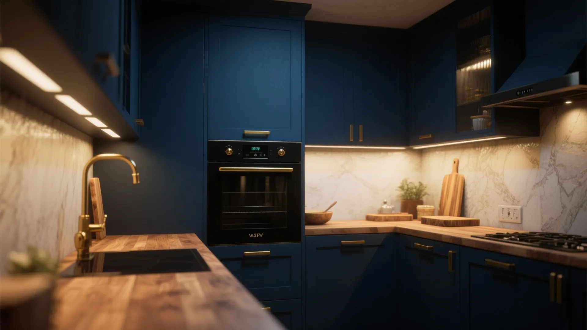 2. Deep Navy Walls + Brass Details