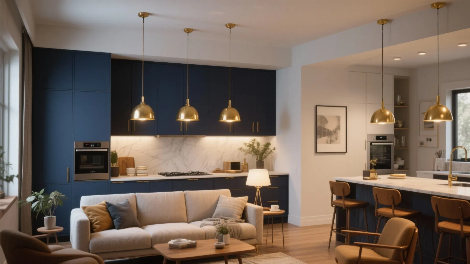 4. Navy and Brass Lighting