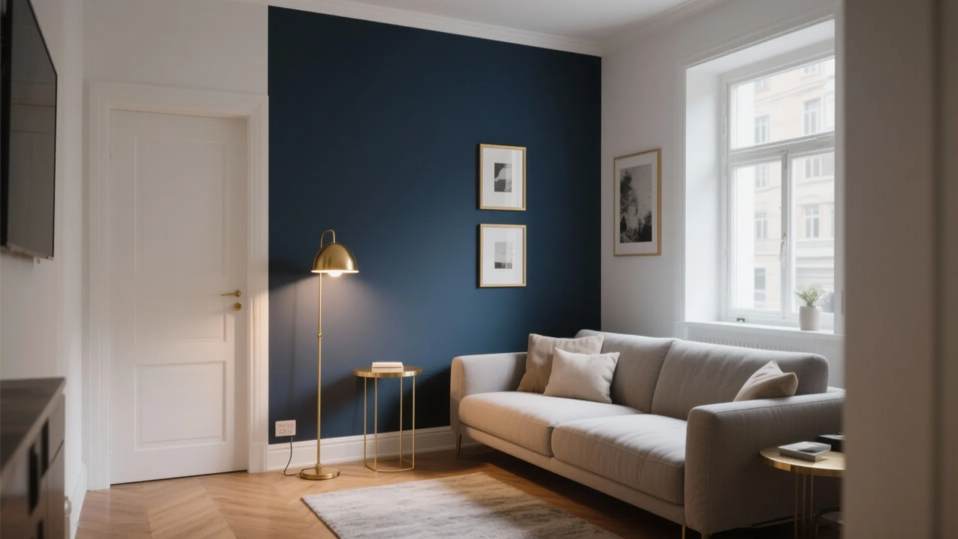 Modern living room with dark blue accent wall light grey sofa gold floor lamp and windows