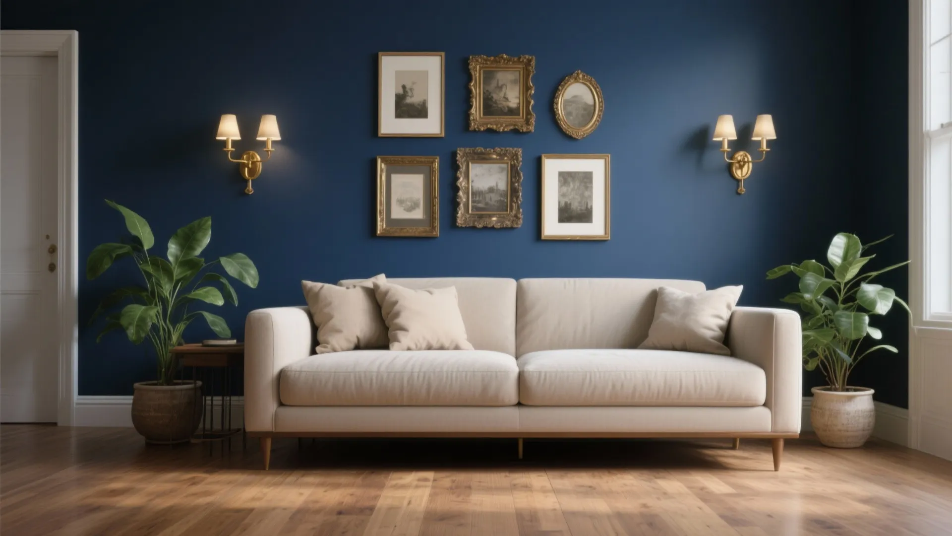 Navy blue living room wall with gold picture frames above beige sofa and wall lights