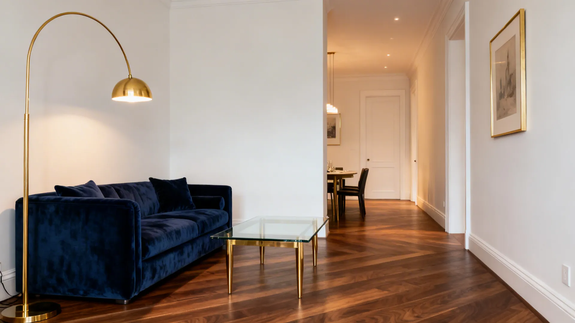 Navy velvet sofa with brass lighting and glass table in a modern classic living room.