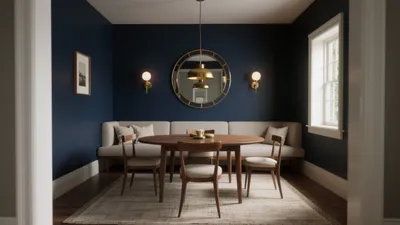 Navy Blue Dining Room with Gold Accent Lighting