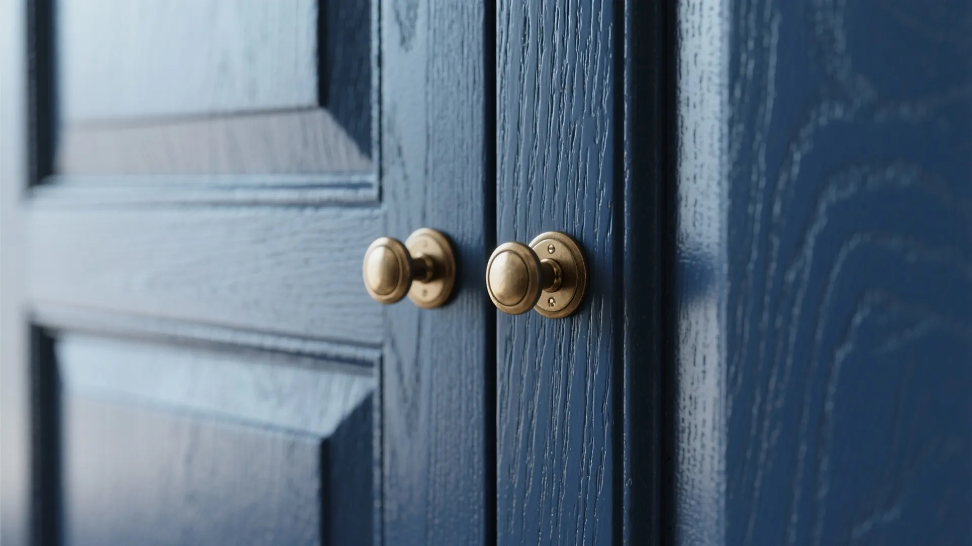 Close-up of navy shaker cabinet door with brushed brass pull and satin paint texture