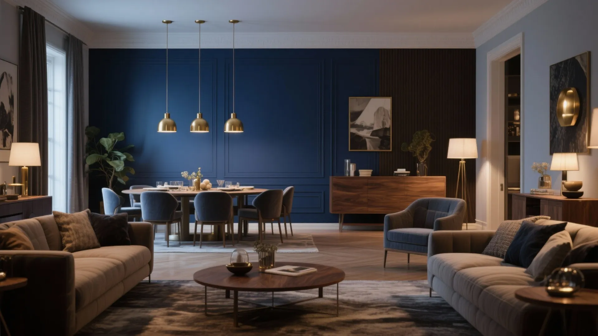 5. Navy Blue & Brass Accents