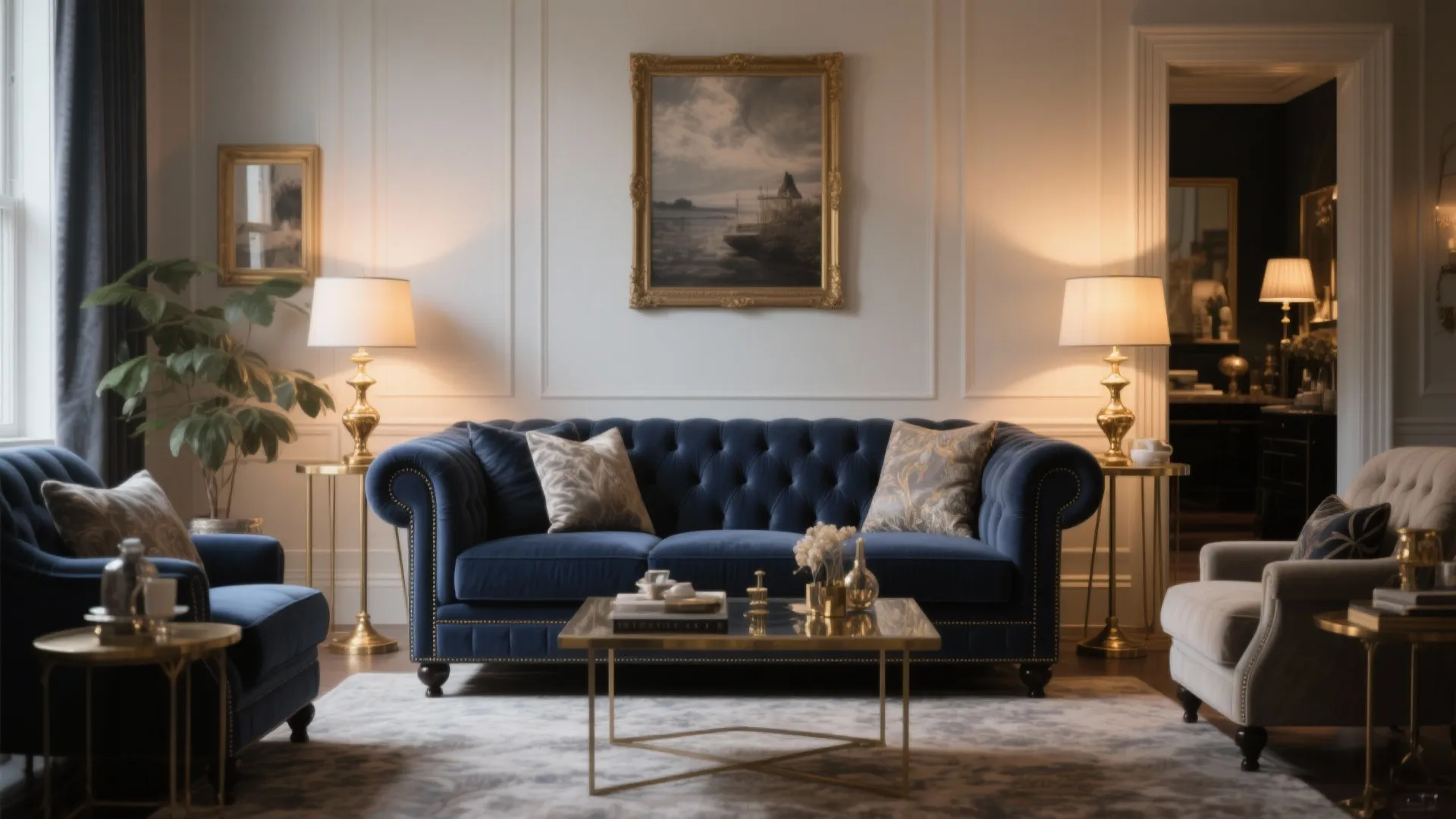 8. Navy Sofa + Brass Lighting for Sophistication