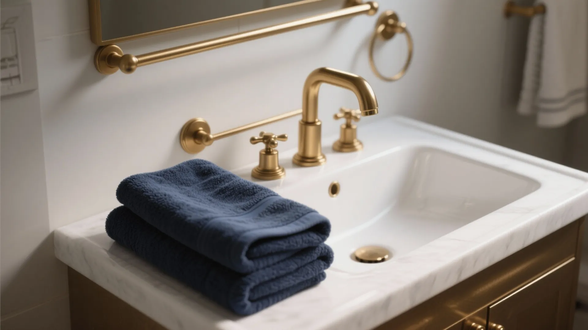 Modern white bathroom sink with gold water tap gold towel rail and folded blue towels