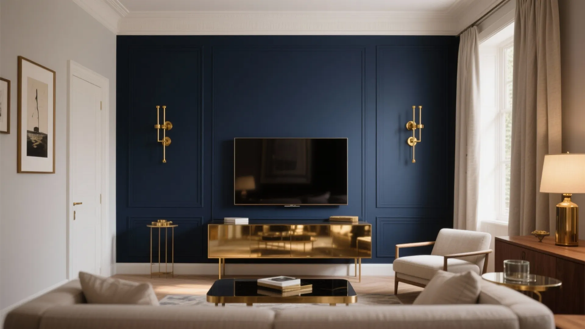 Living room with blue wall panel gold cabinet television wall light and light grey chair