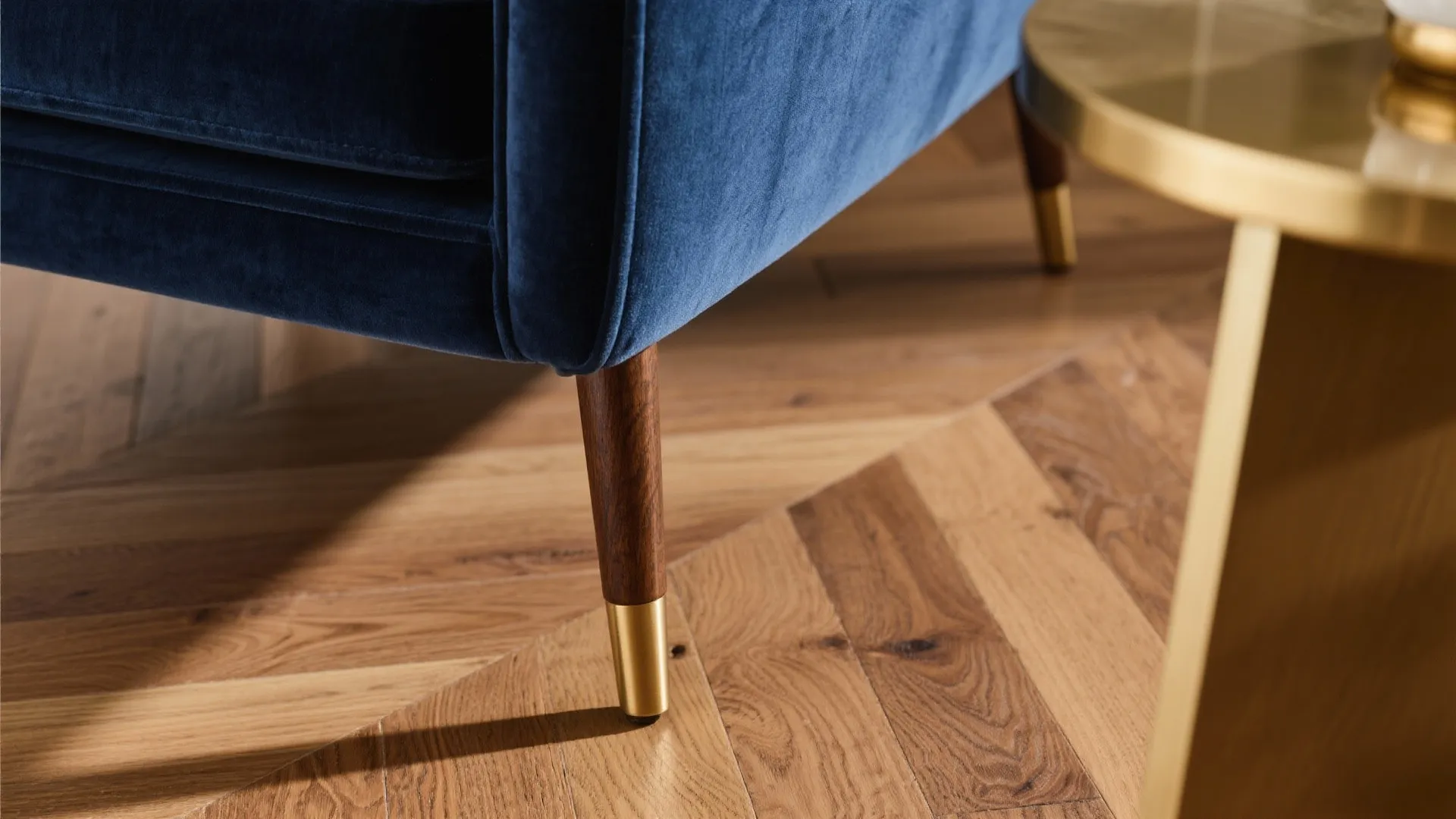3. Mix Navy Chairs with Warm Wood and Brass Accents