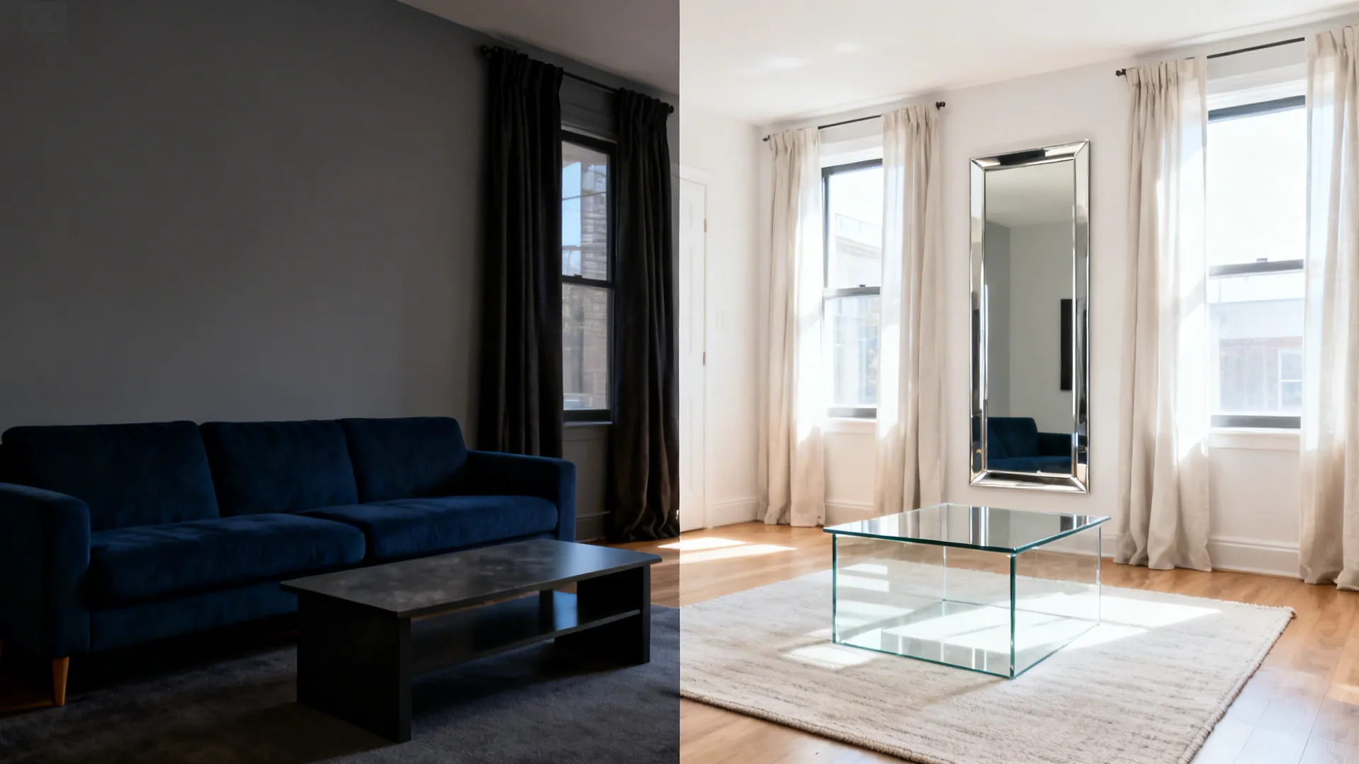Before-and-after of a navy sofa room switching to glass, mirrors, and light textiles for brightness.