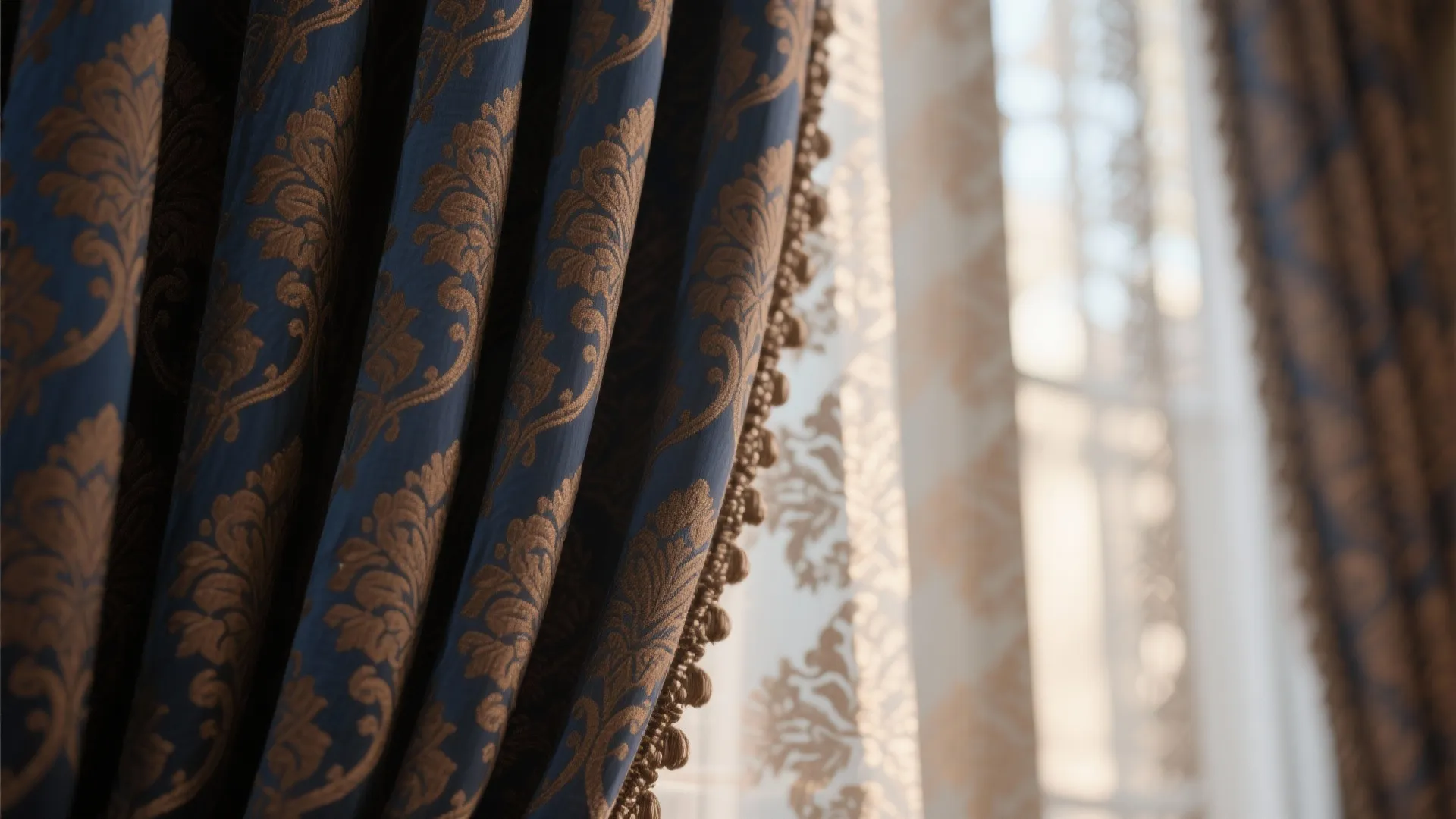 6. Navy-Brown Patterned Curtains