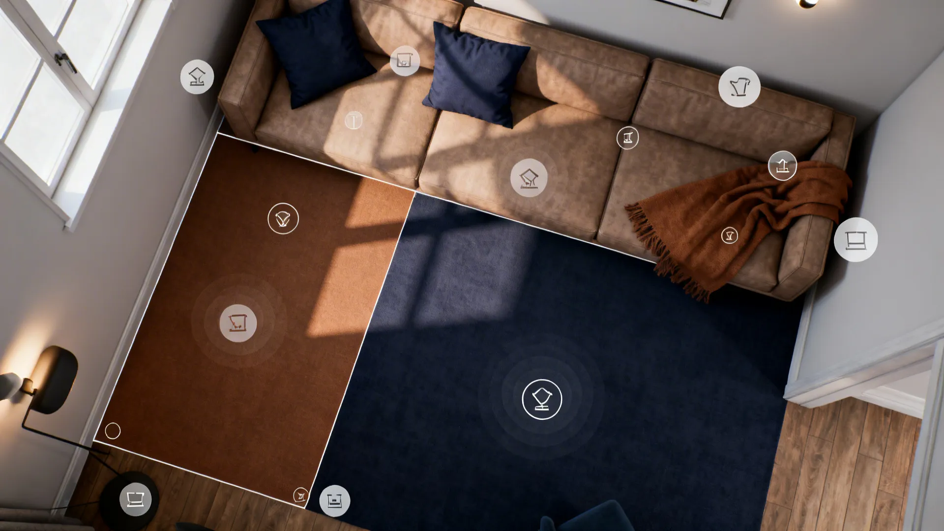 Top-down 3D floor planner view showing navy and brown layout with repeated elements