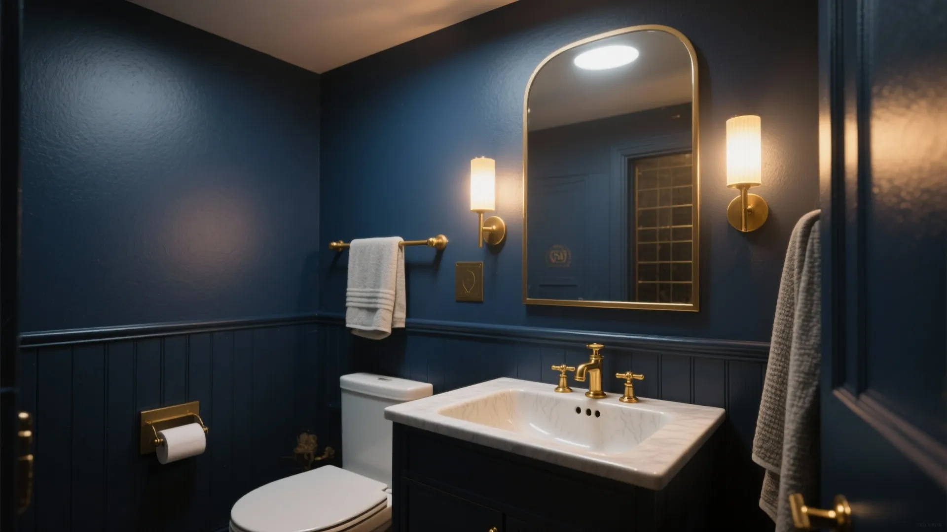 1. Deep Navy Walls + Brushed Gold Fixtures