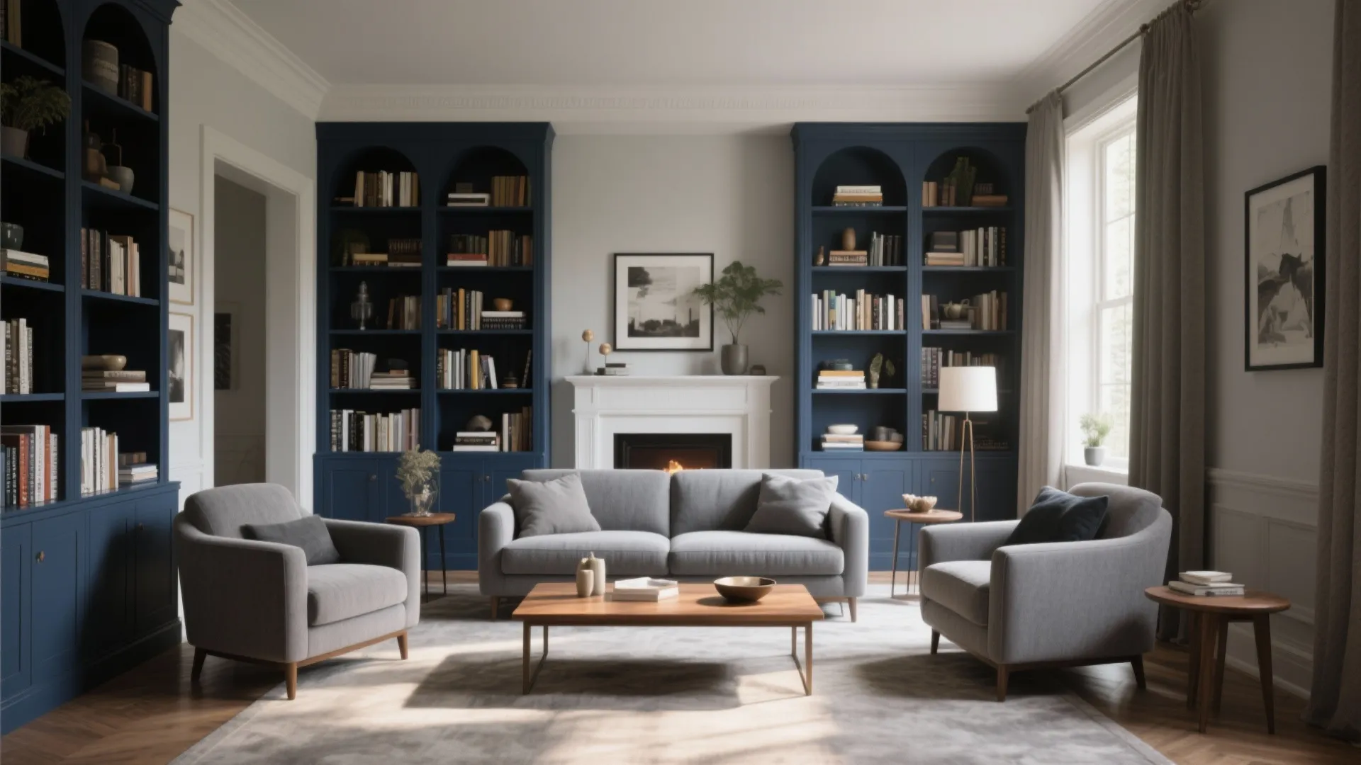 Living room featuring blue built-in cabinets white fireplace grey sofas wooden coffee table and natural light