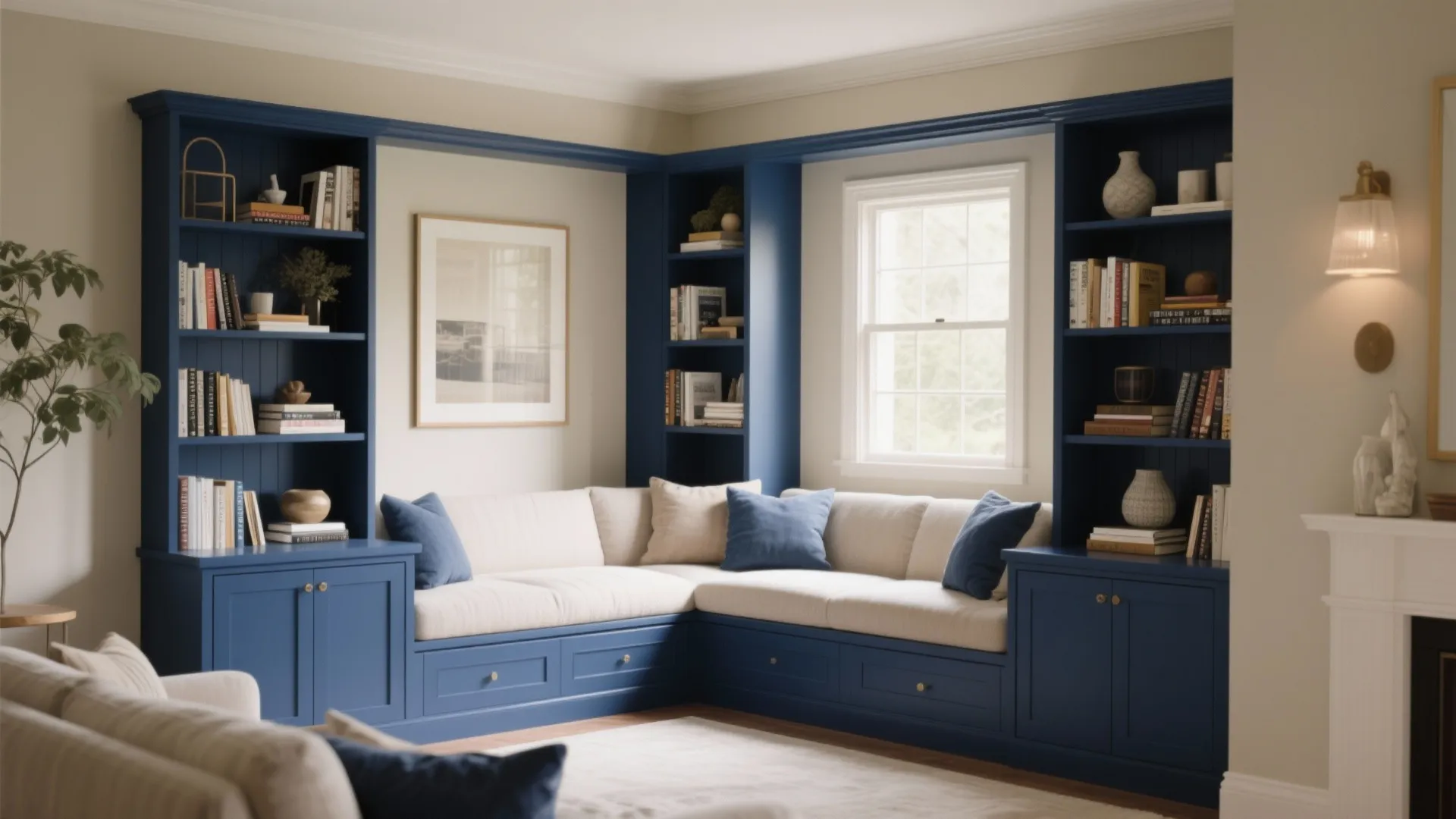 Blue wall cabinet and corner sofa near window in a bright room with wall light