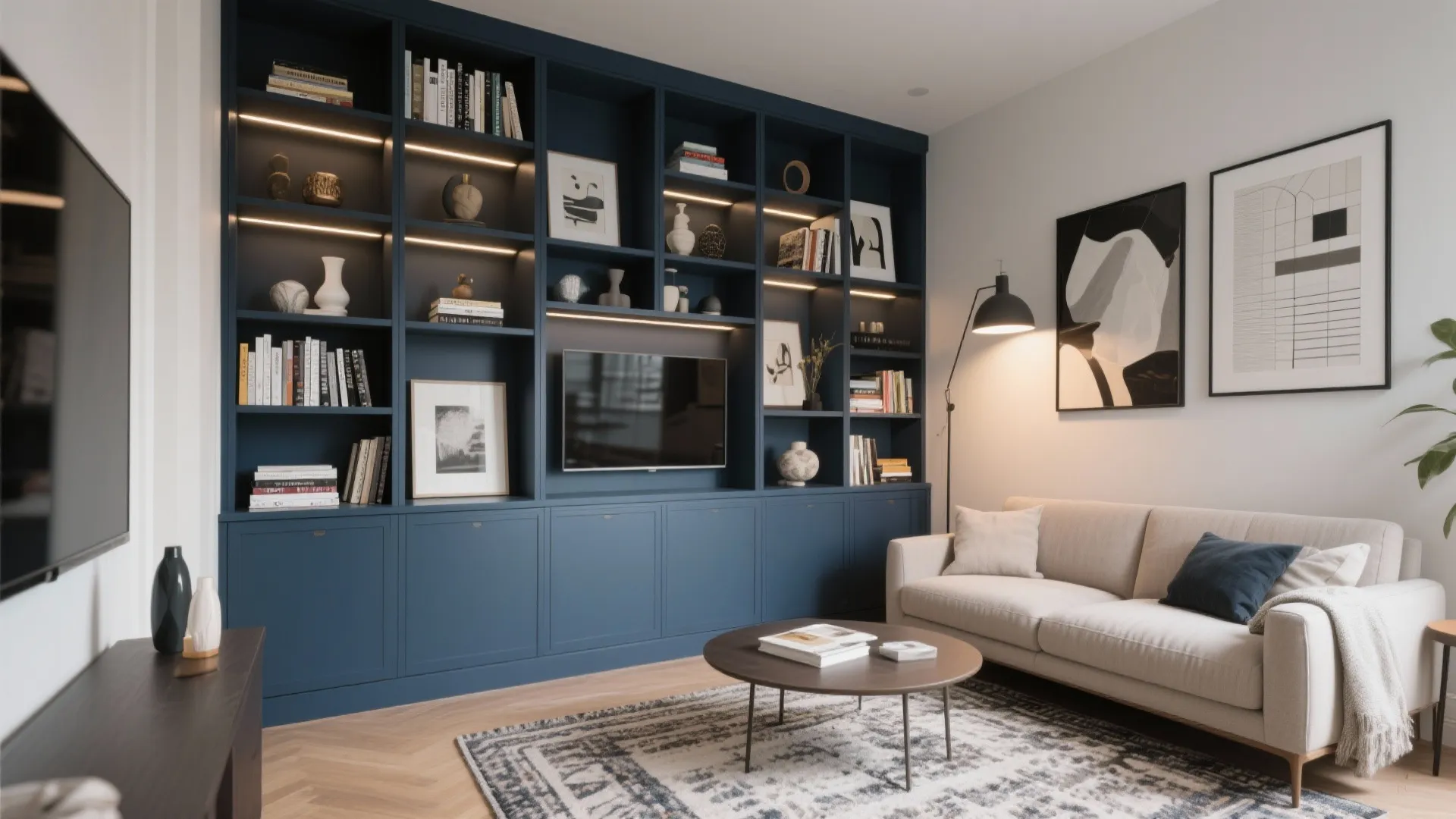 7. Navy Built-In Shelving