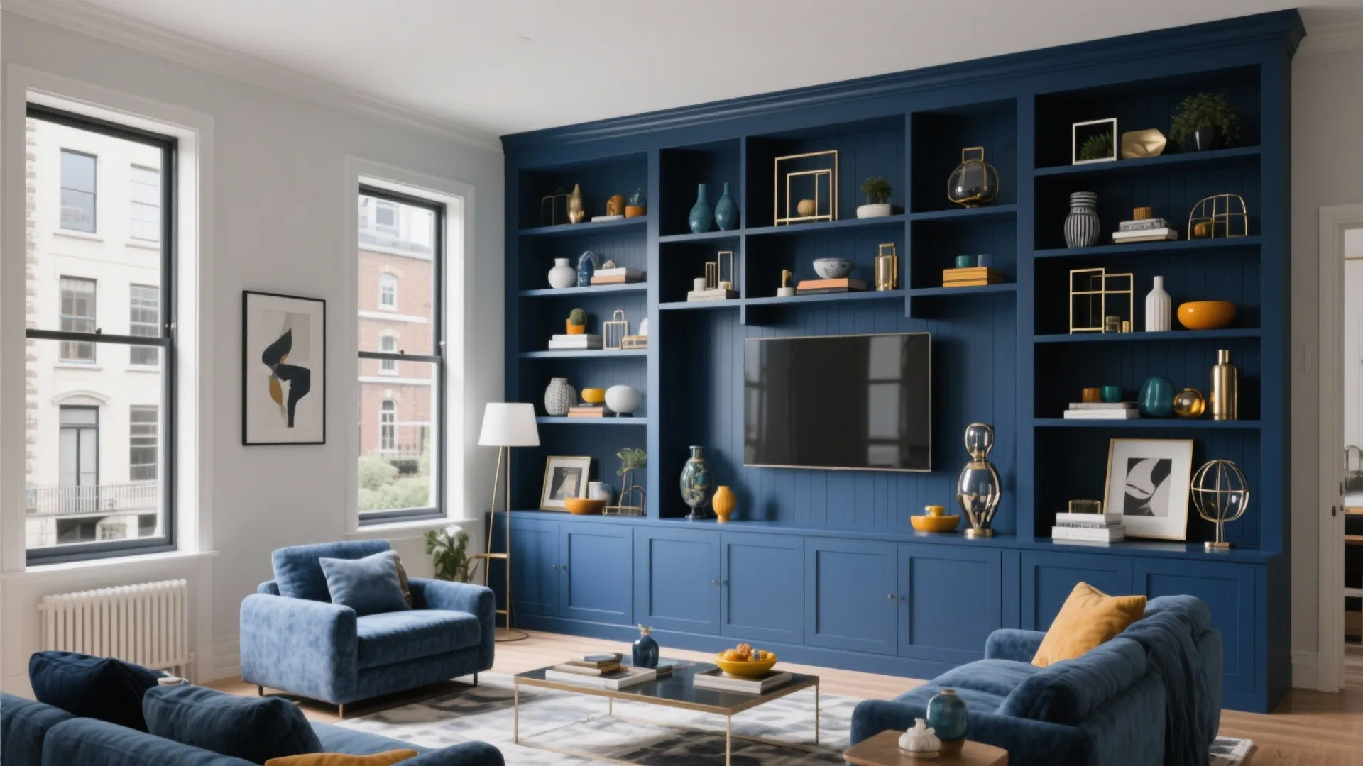 4. Navy Blue Built-In Shelving