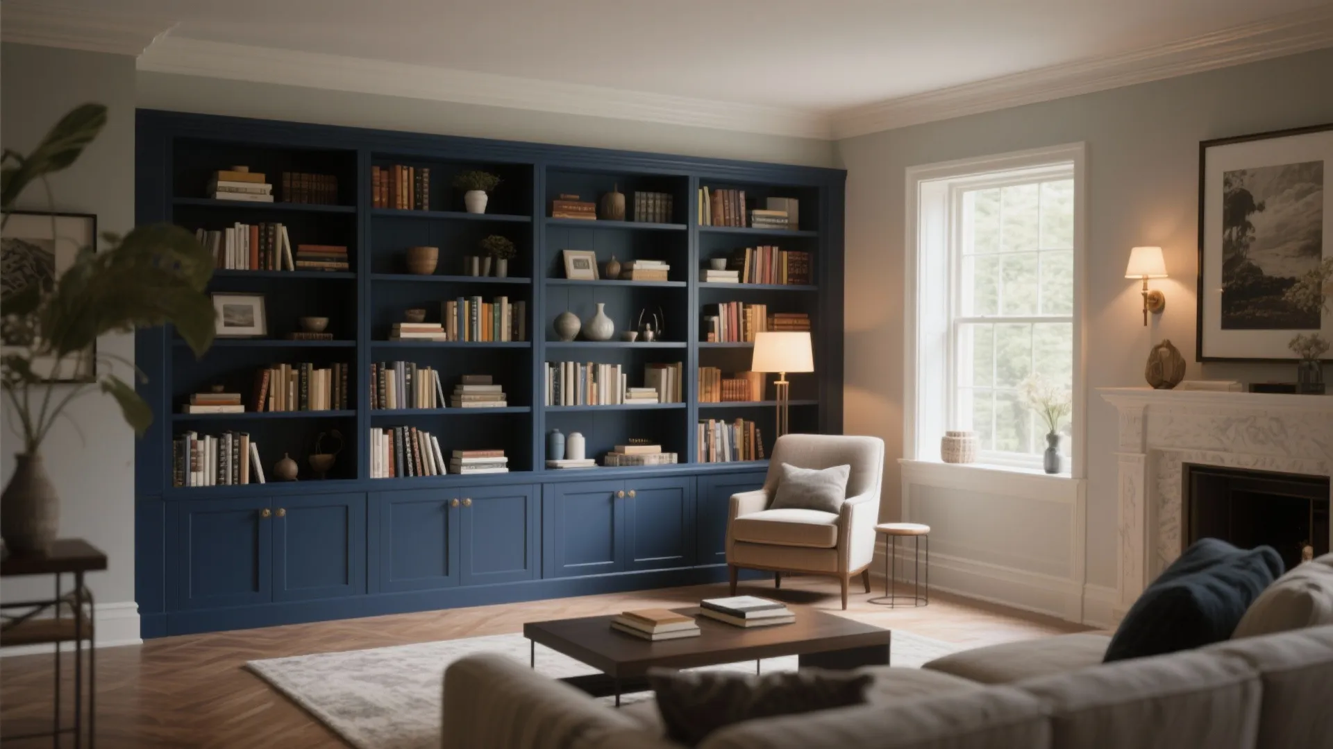 Navy built-in bookshelves with decor and lighting