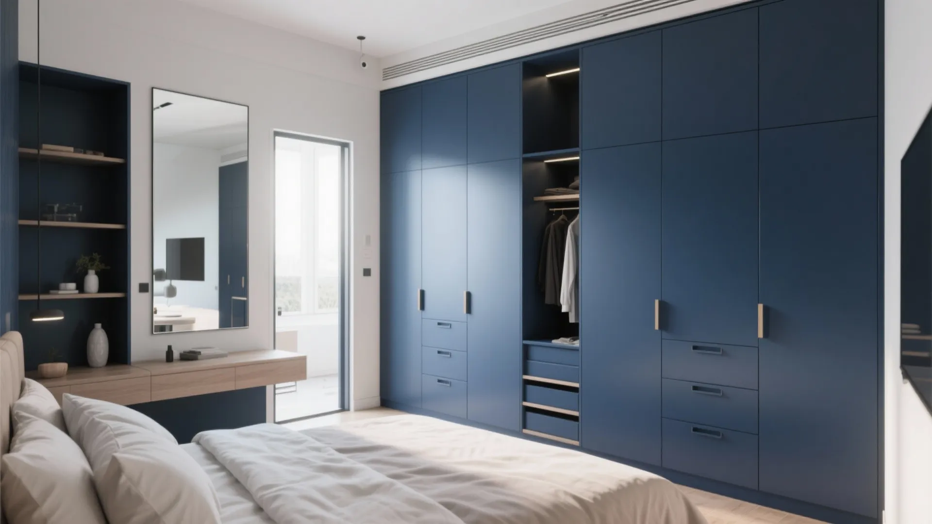 Modern bedroom featuring large blue wall cabinet system with dressing table mirror and white bed