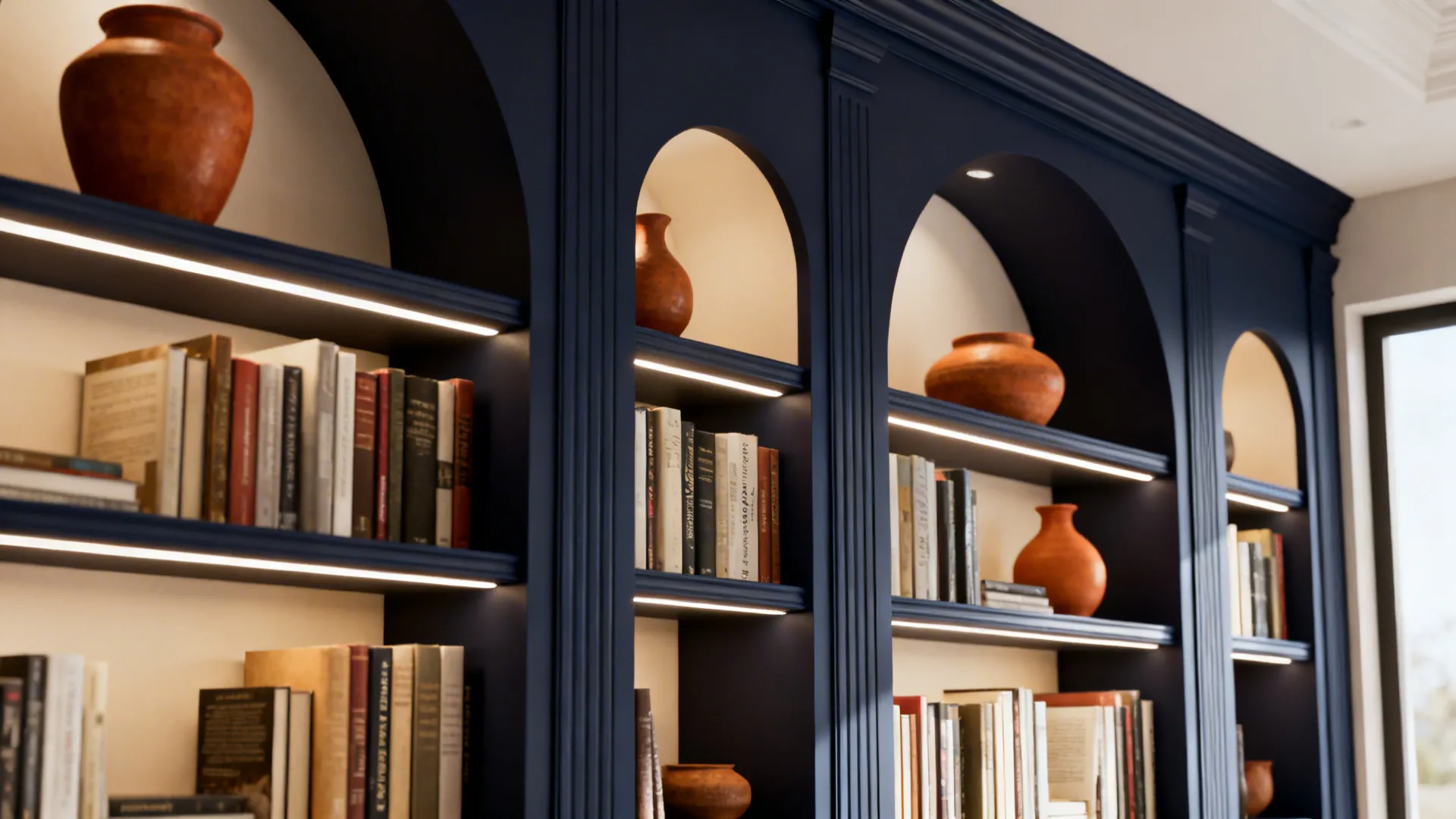 Navy-painted alcove built-ins with LED strips and lighter shelf interiors.