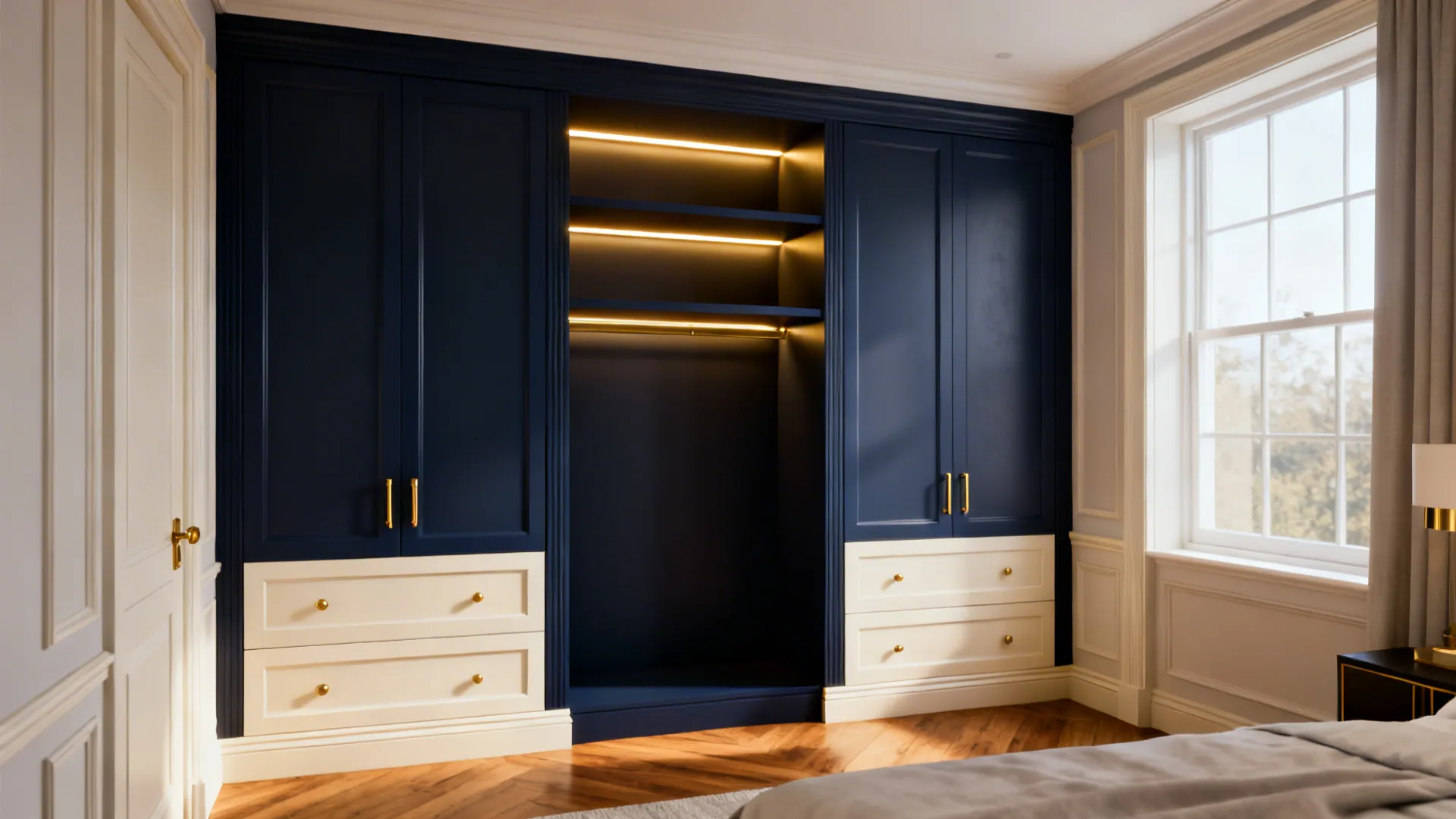 Small bedroom with navy built-in wardrobes and cream trim with brass hardware.