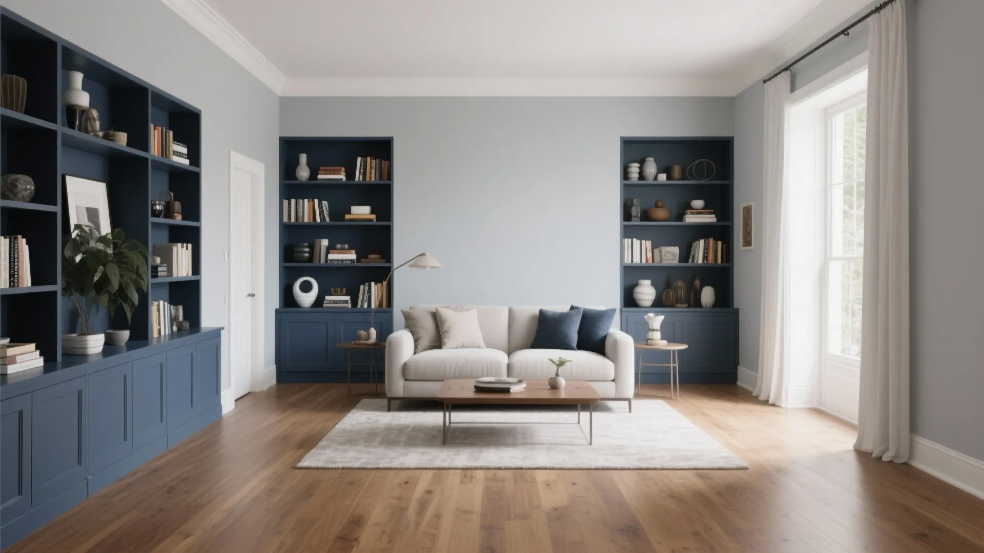 7. Light Grey Walls with Navy Built-in Shelving