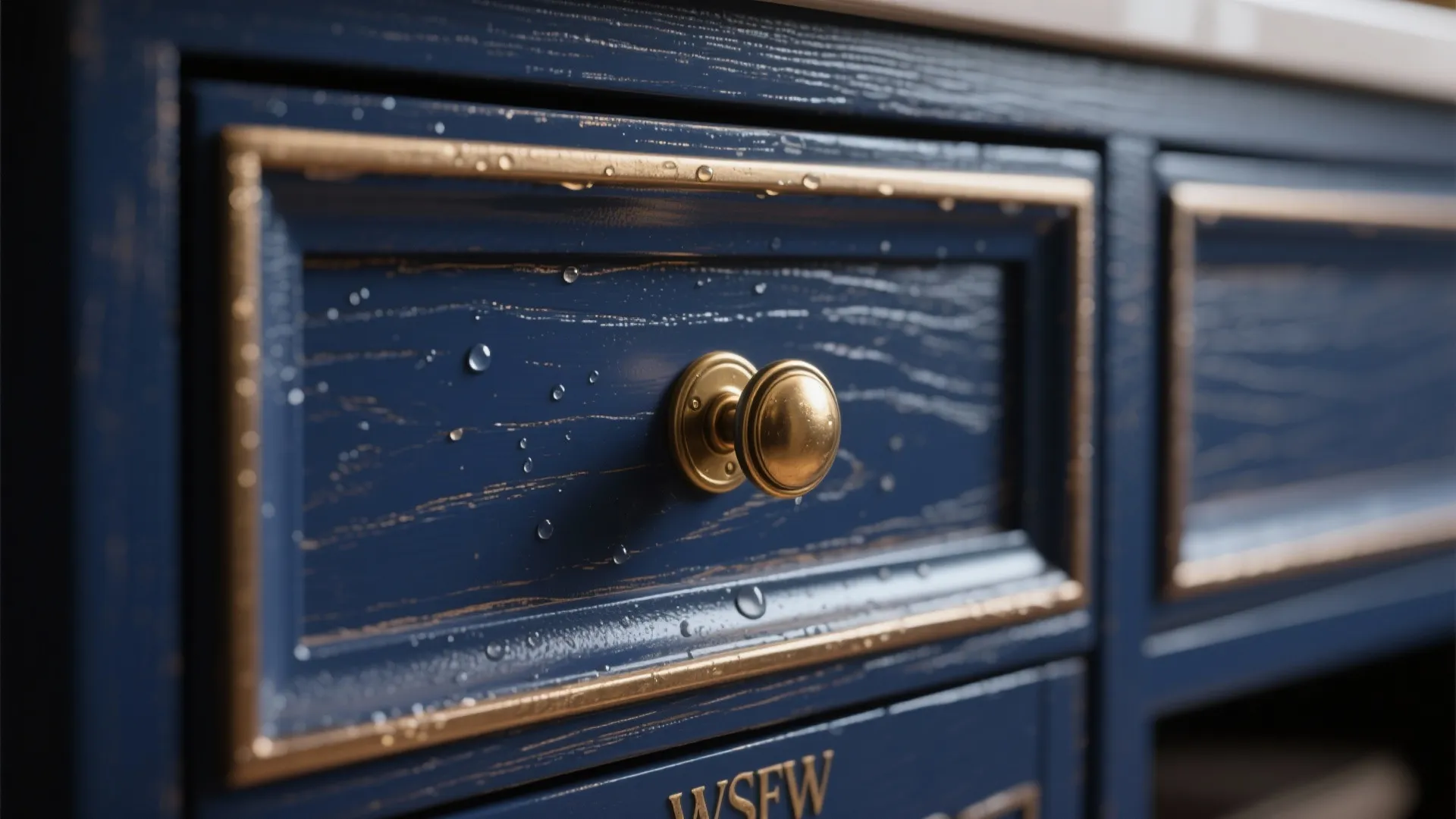 4. Navy Cabinets and Brass Hardware