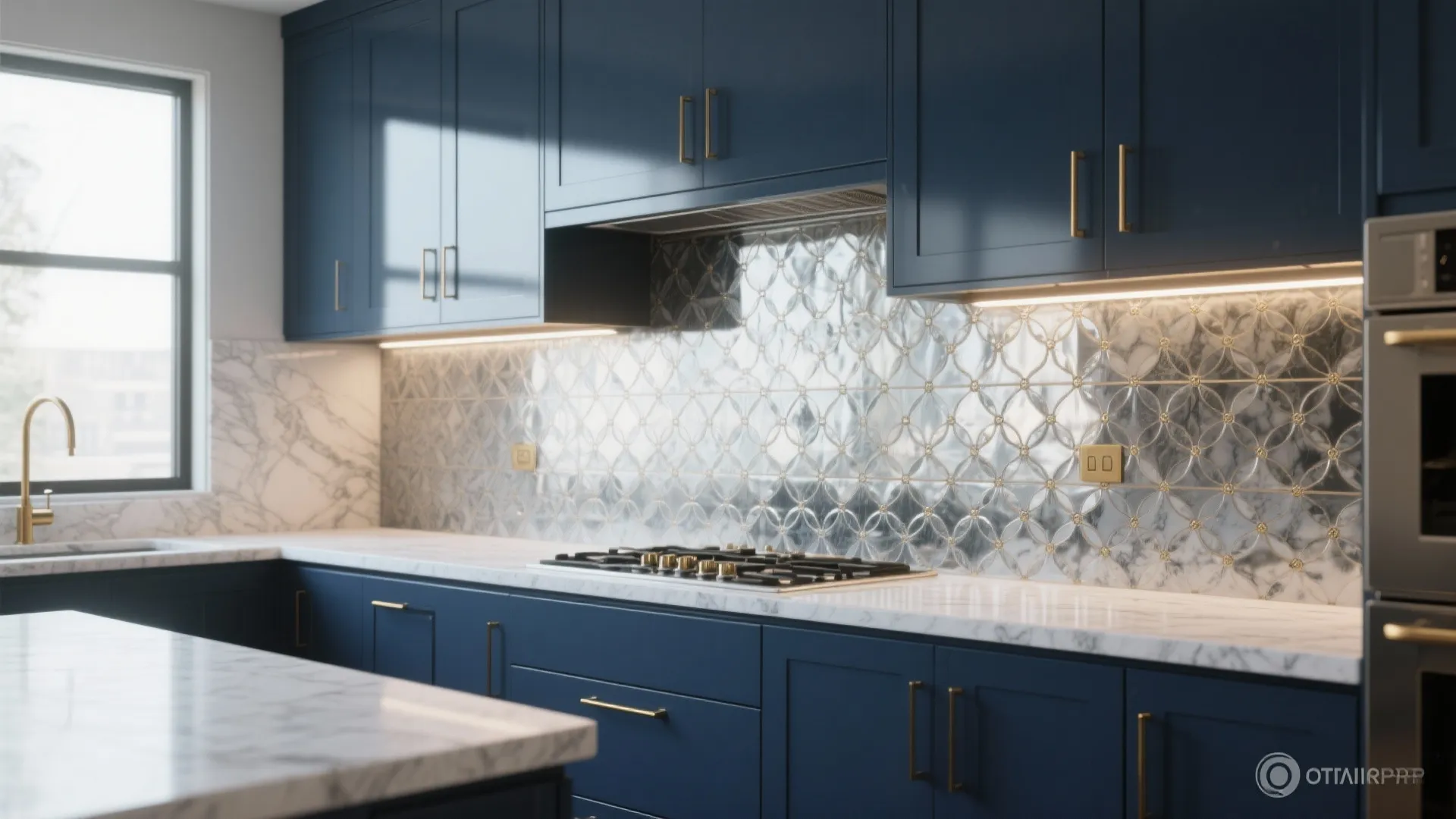 Modern kitchen with navy blue cabinets gold handles white marble countertops and reflective tiled wall backsplash