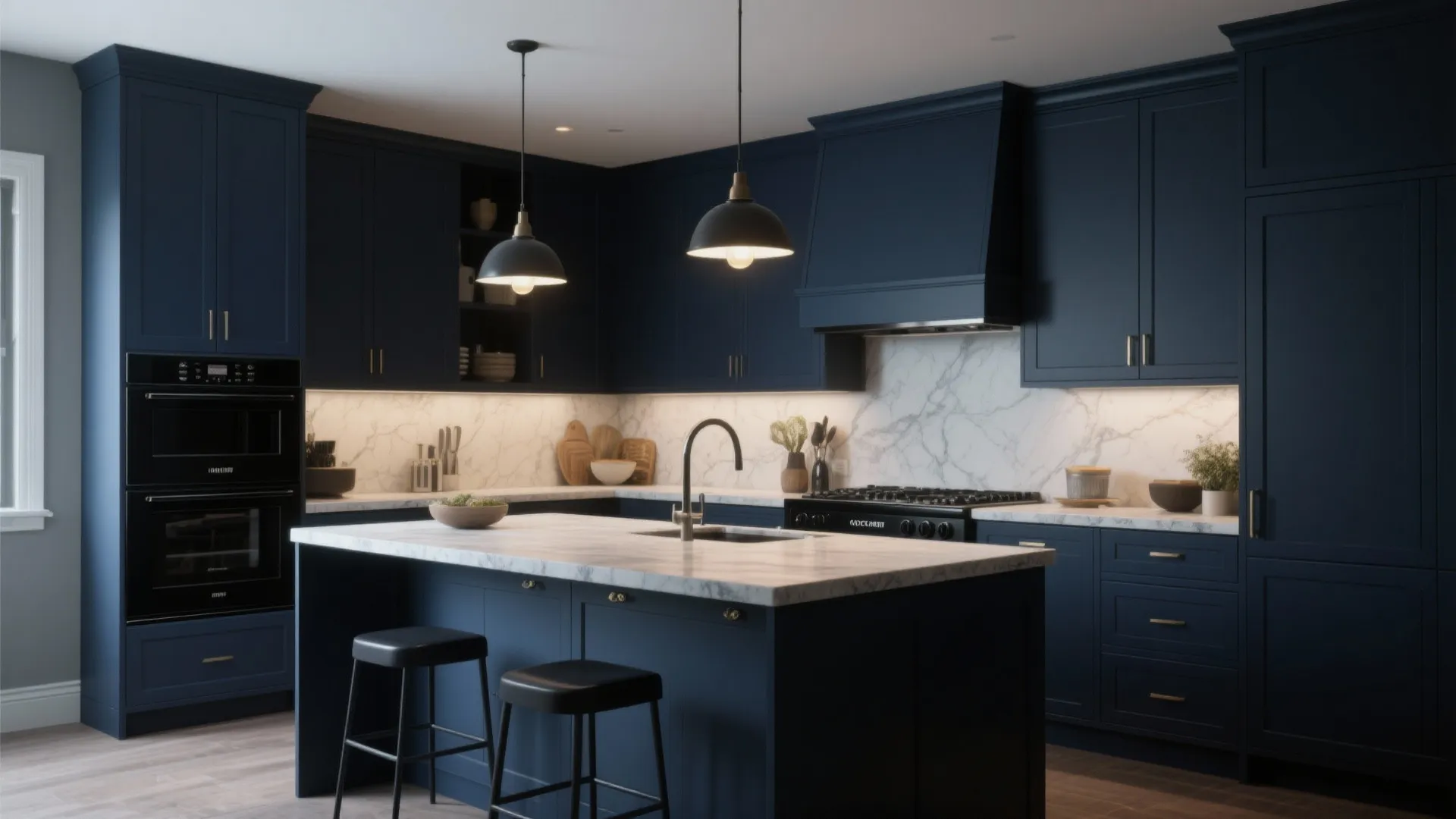 Modern navy blue kitchen with marble backsplash and white island with two black small stools