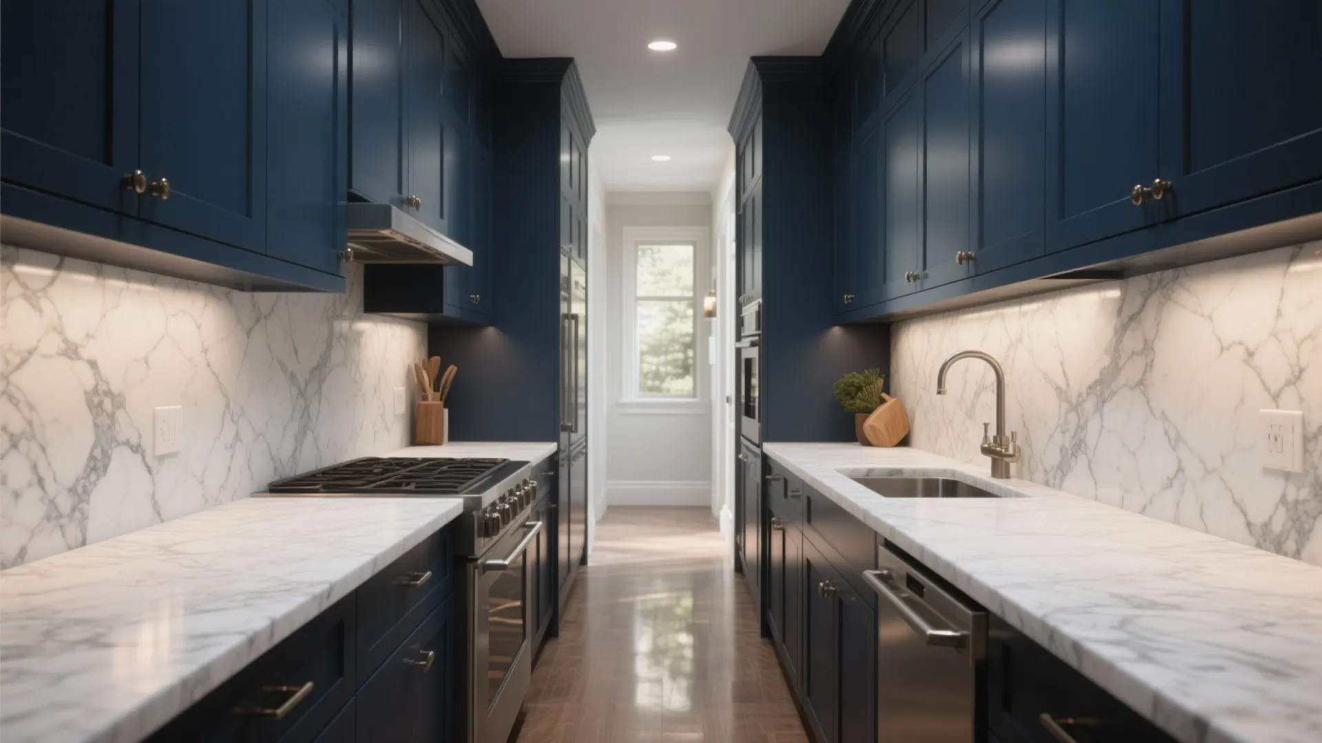 2. Deep navy cabinets + Carrara-style marble quartz