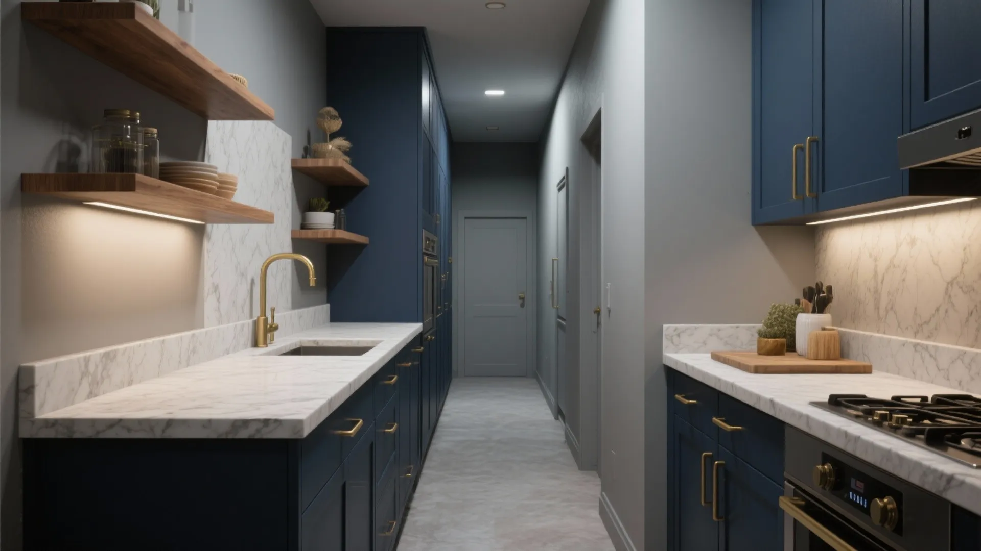 Narrow kitchen with navy blue cabinets white marble countertop gold faucet and wood floating wall shelves