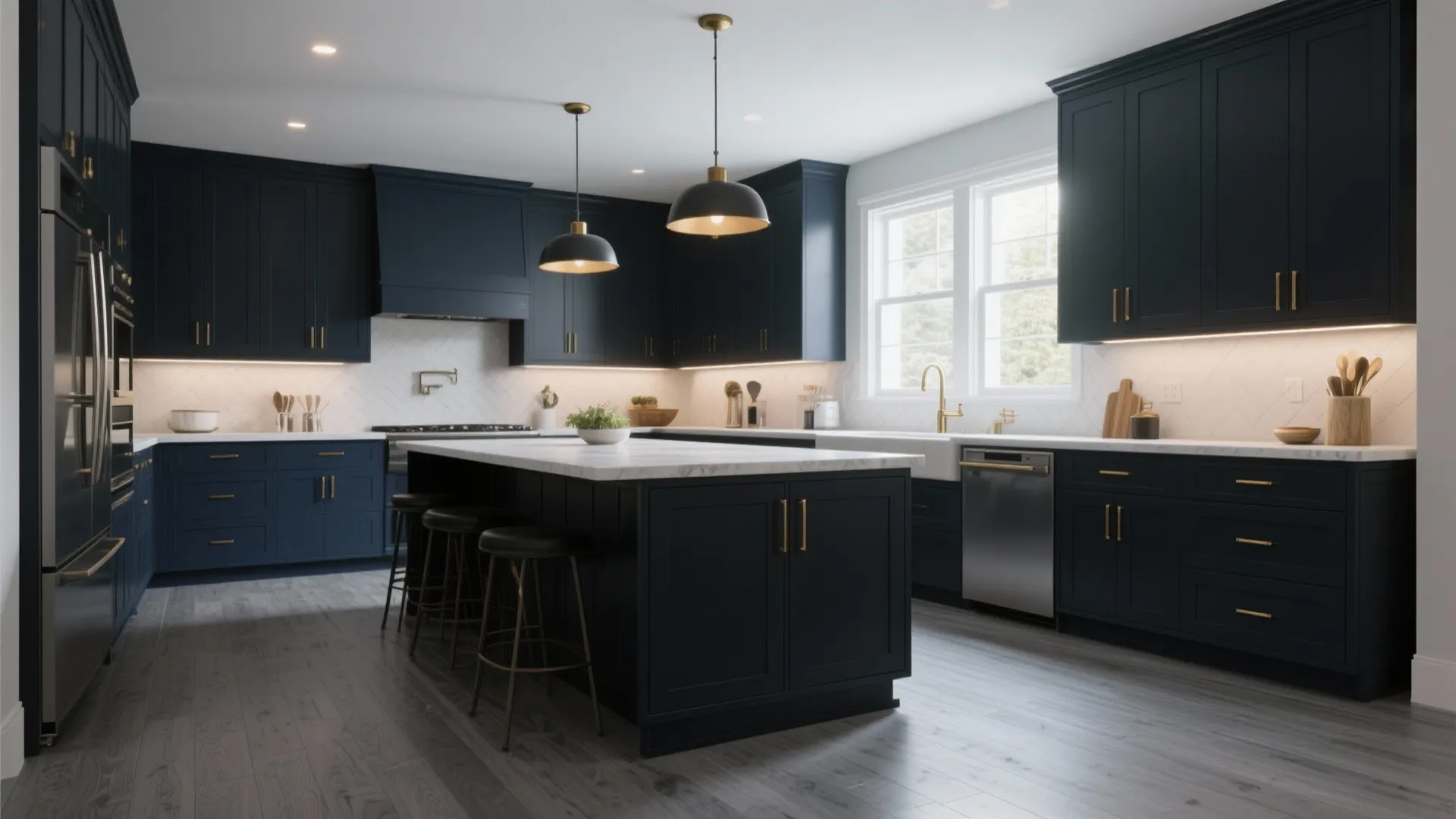 3. High-contrast cabinets and gray flooring for a modern punch