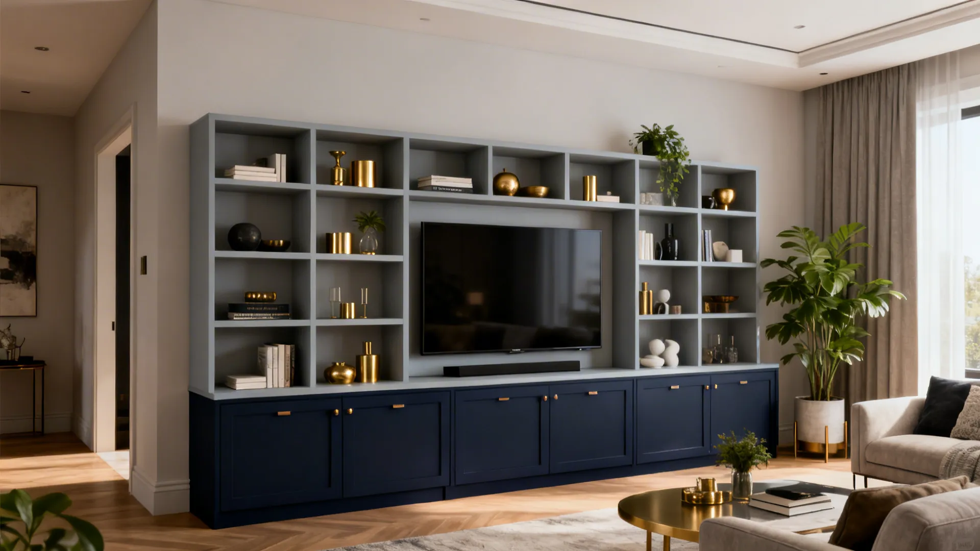 Open-plan media wall with navy lower cabinets and light grey open shelving displaying decor.