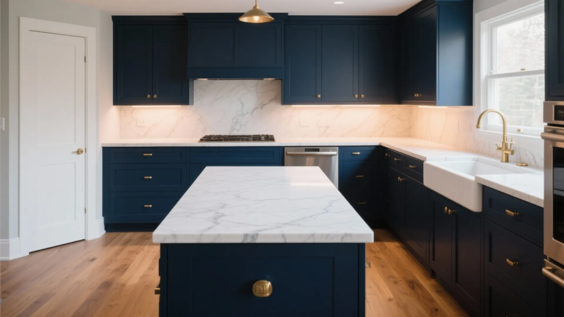 1. Navy Cabinets with White Quartz Countertops