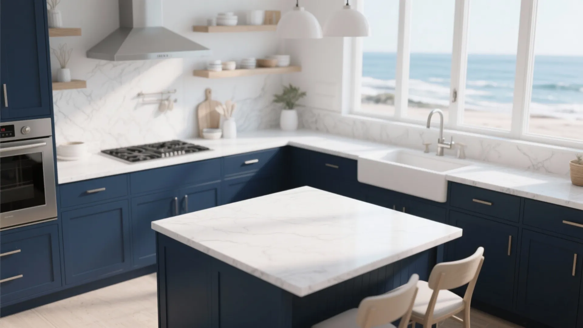 Idea 1: Bold Navy Cabinets with White Countertops