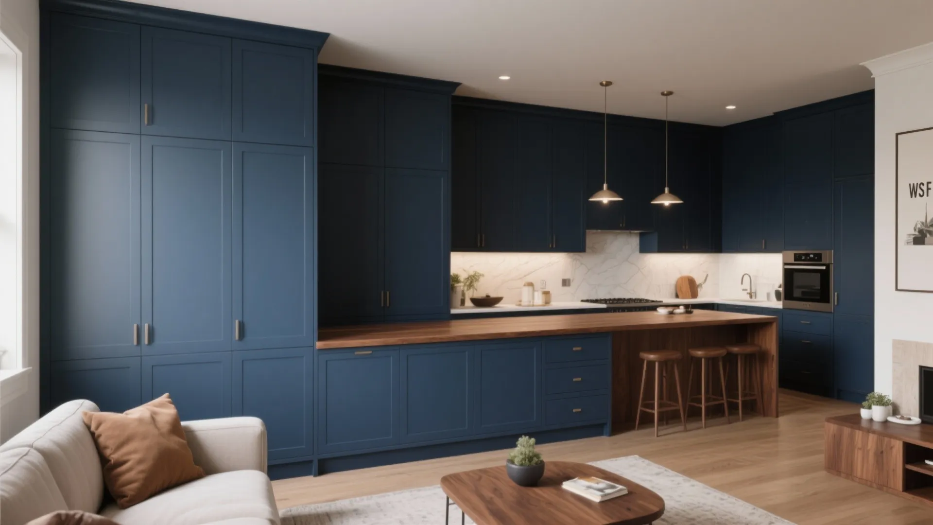 7. Navy Built-In Cabinets with Open Brown Wood Counter